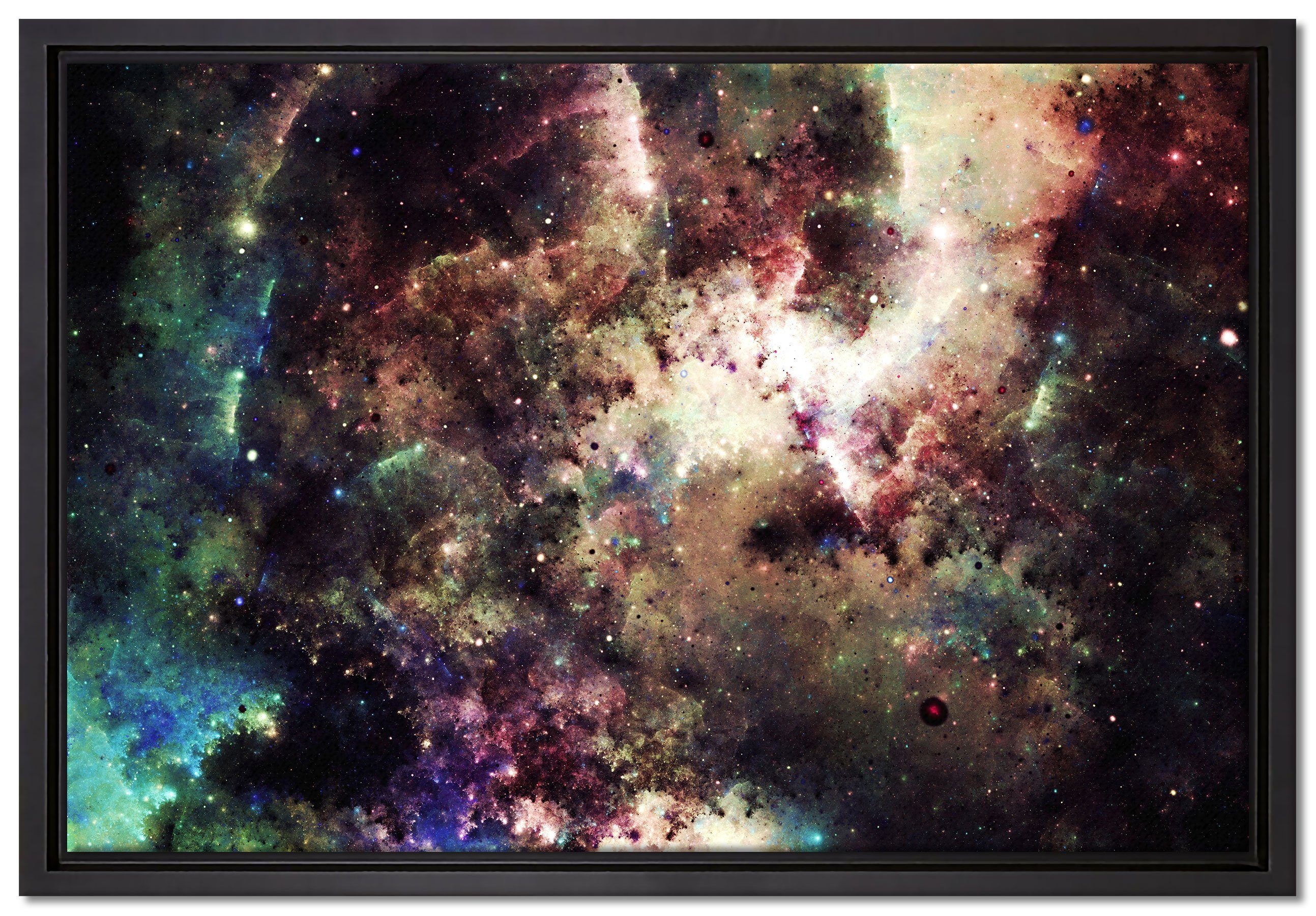 Pixxprint Leinwandbild Bunte Nebelgalaxie und Sterne, Wanddekoration (1 St), Leinwandbild fertig bespannt, in einem Schattenfugen-Bilderrahmen gefasst, inkl. Zackenaufhänger