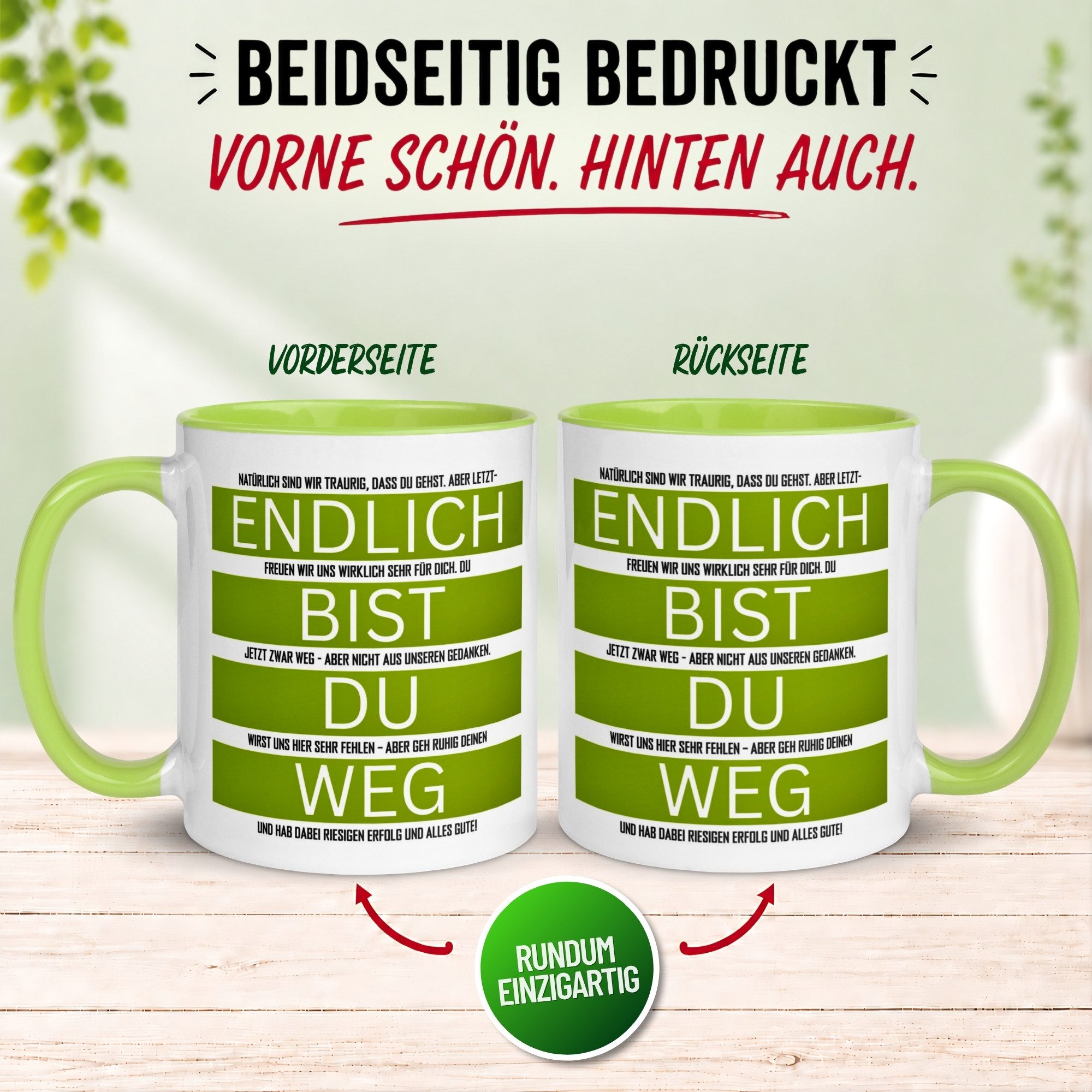 Momentals Tasse Abschied – „Endlich bist du weg“ – Abschiedsgeschenk für Kollegen, Gratis Versand · Links-&Rechtshänder · Spülmaschinenfest – Bild 4 von 5