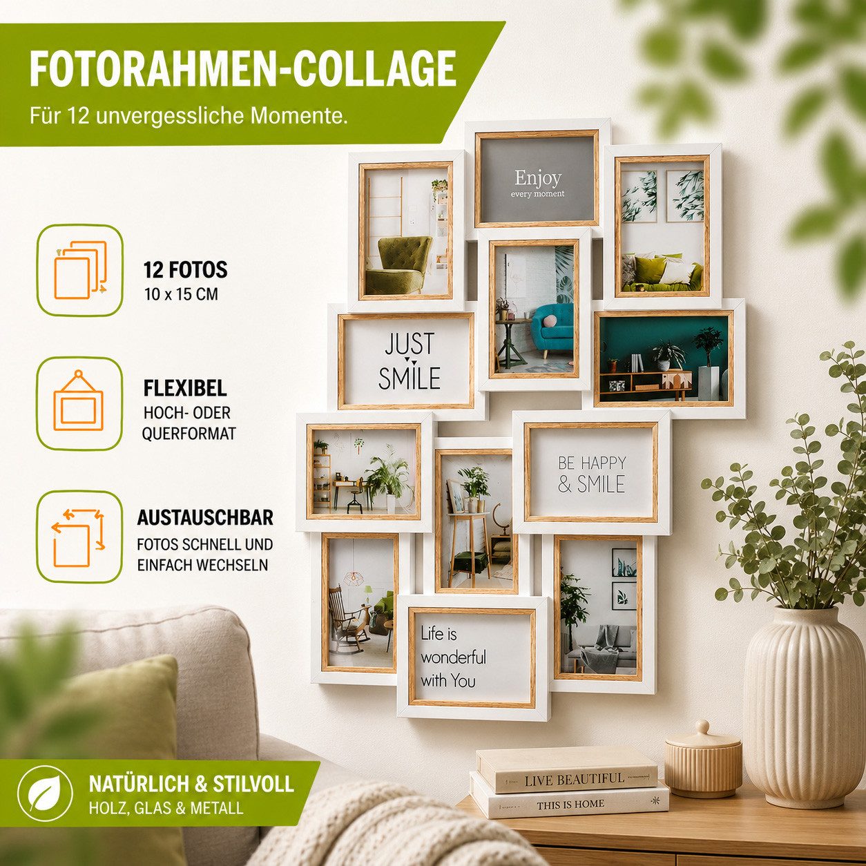 Kobolo Bilderrahmen Collage Bilderhalter Fotorahmen Holz BIG weiß braun 10x15, für 12 Bilder (1 Stück)