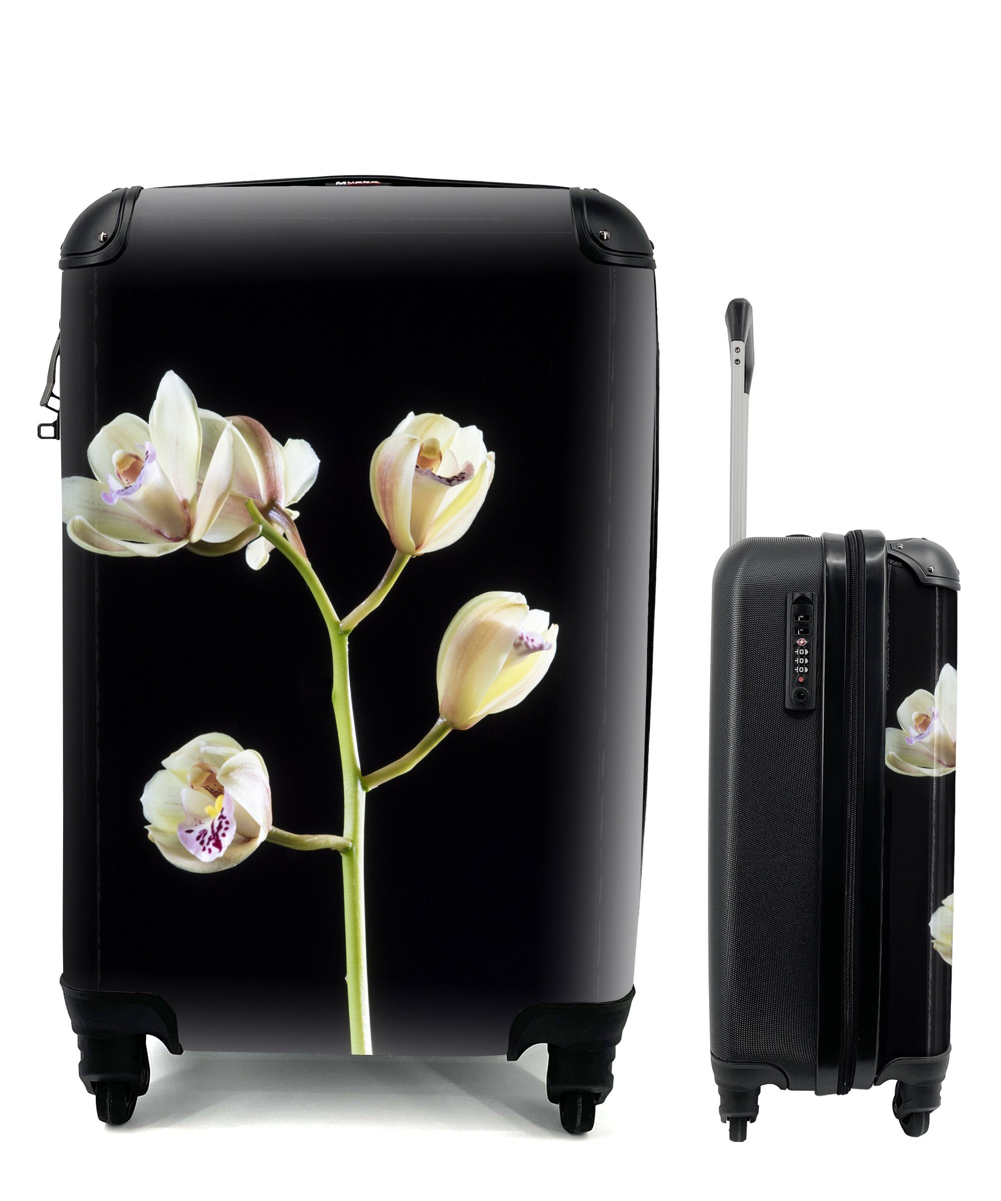 MuchoWow Handgepäckkoffer Ein Zweig mit Orchideen auf schwarzem Hintergrund, 4 Rollen, Reisetasche mit rollen, Handgepäck für Ferien, Trolley, Reisekoffer | Handgepäck-Koffer