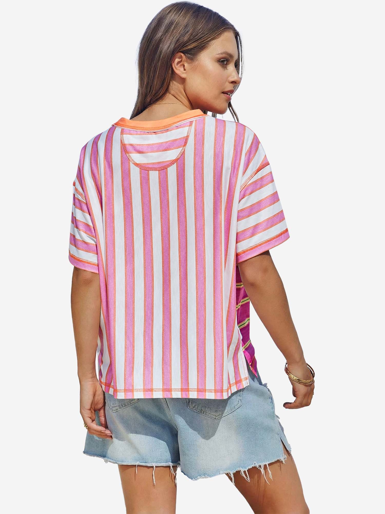 Imily Bela T-Shirt Damen gestreiftes Mehrfarb-Shirt (Packung, 1-tlg., 1per-Pack) Seitenschlitze