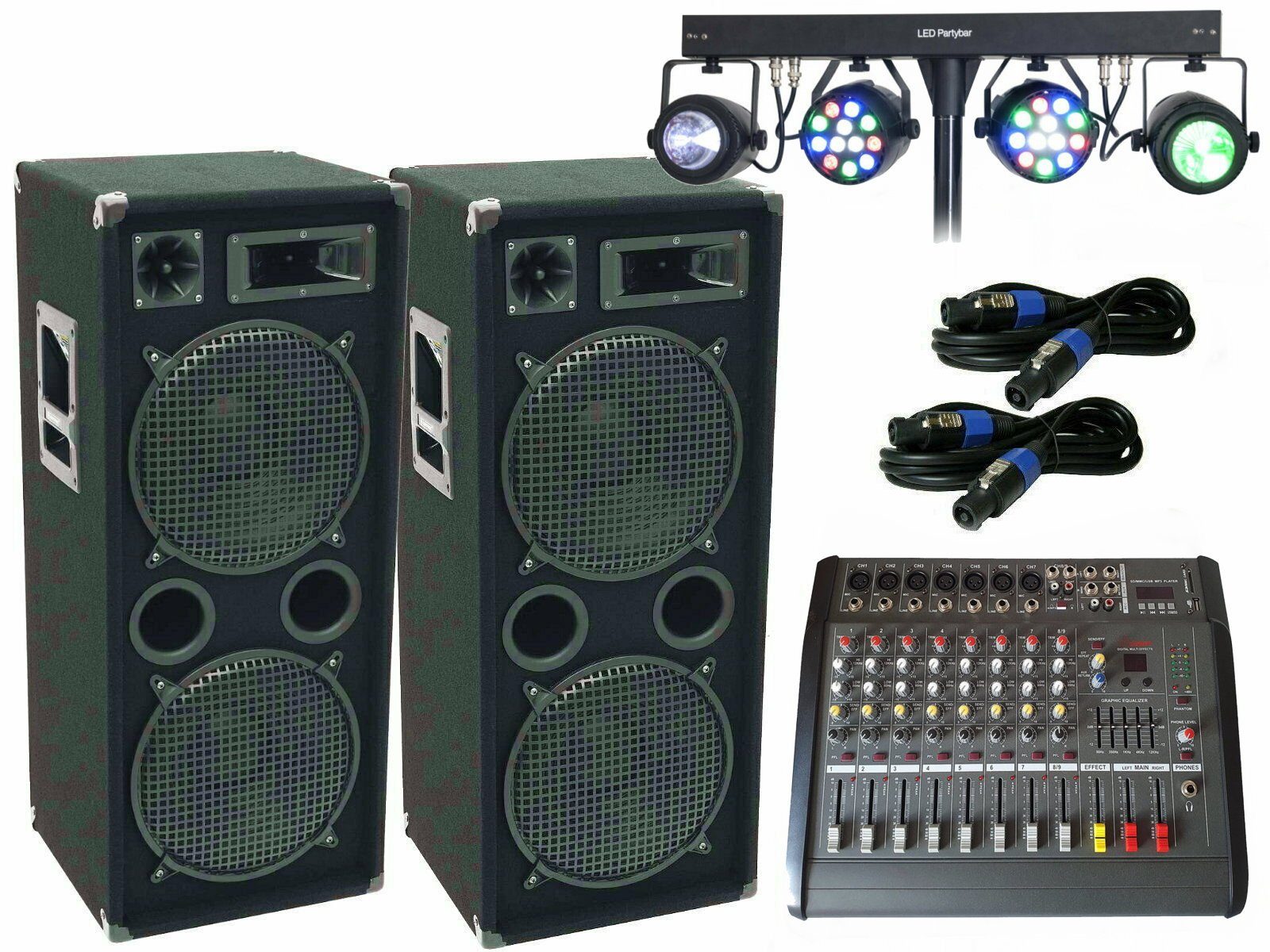 DSX Powermixer Pa Musik Anlage Boxen Kabel Lichtset 3000 Watt Party-Lautsprecher (1500 W) | Lautsprecher