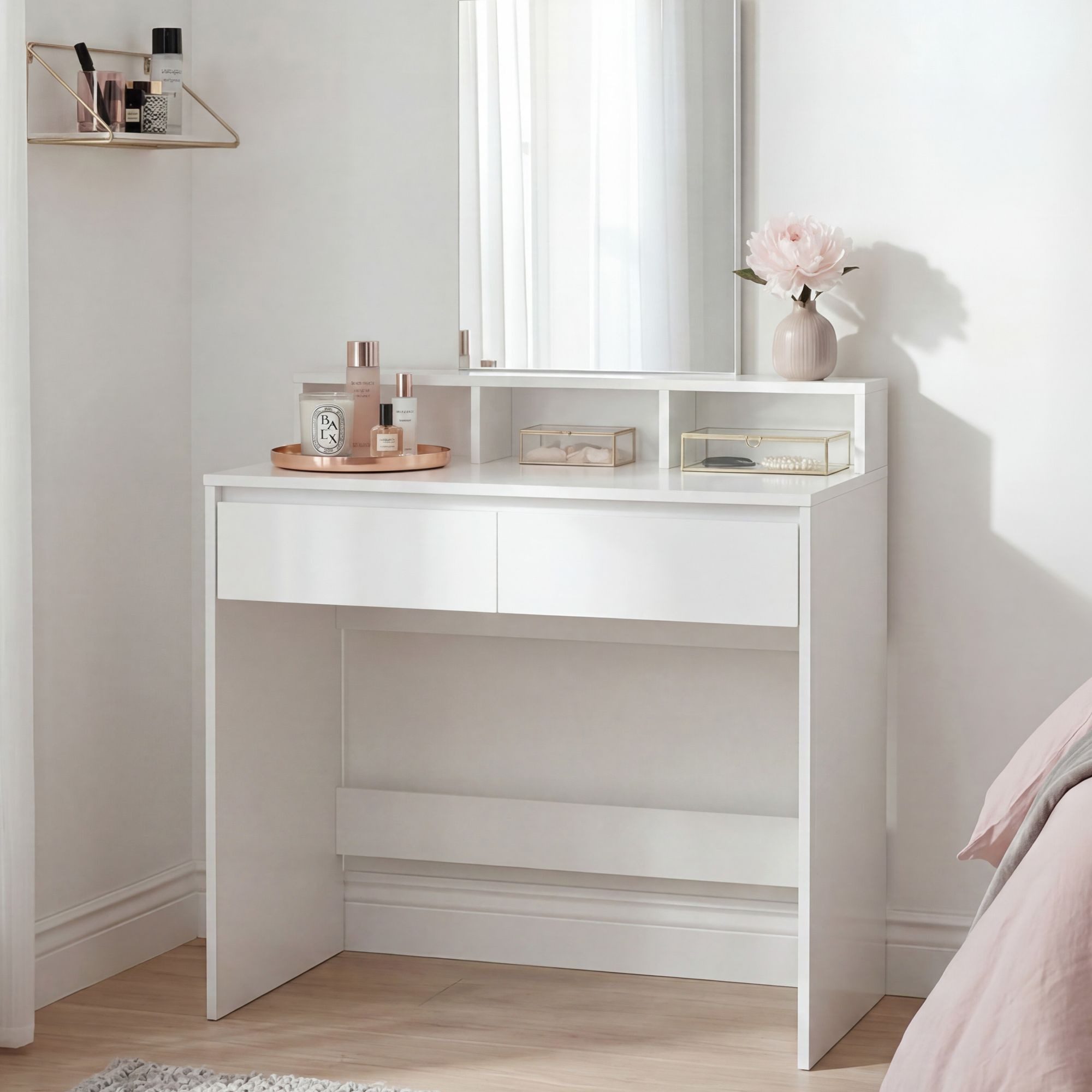 Wohnling Schminktisch WL7.832 Kosmetiktisch 80cm Frisiertisch Weiß Make-Up-Tisch Spiegel (Helle Frisierkommode für das Schlafzimmer), Kratzfeste Oberfläche dank Melaminharzbeschichtung