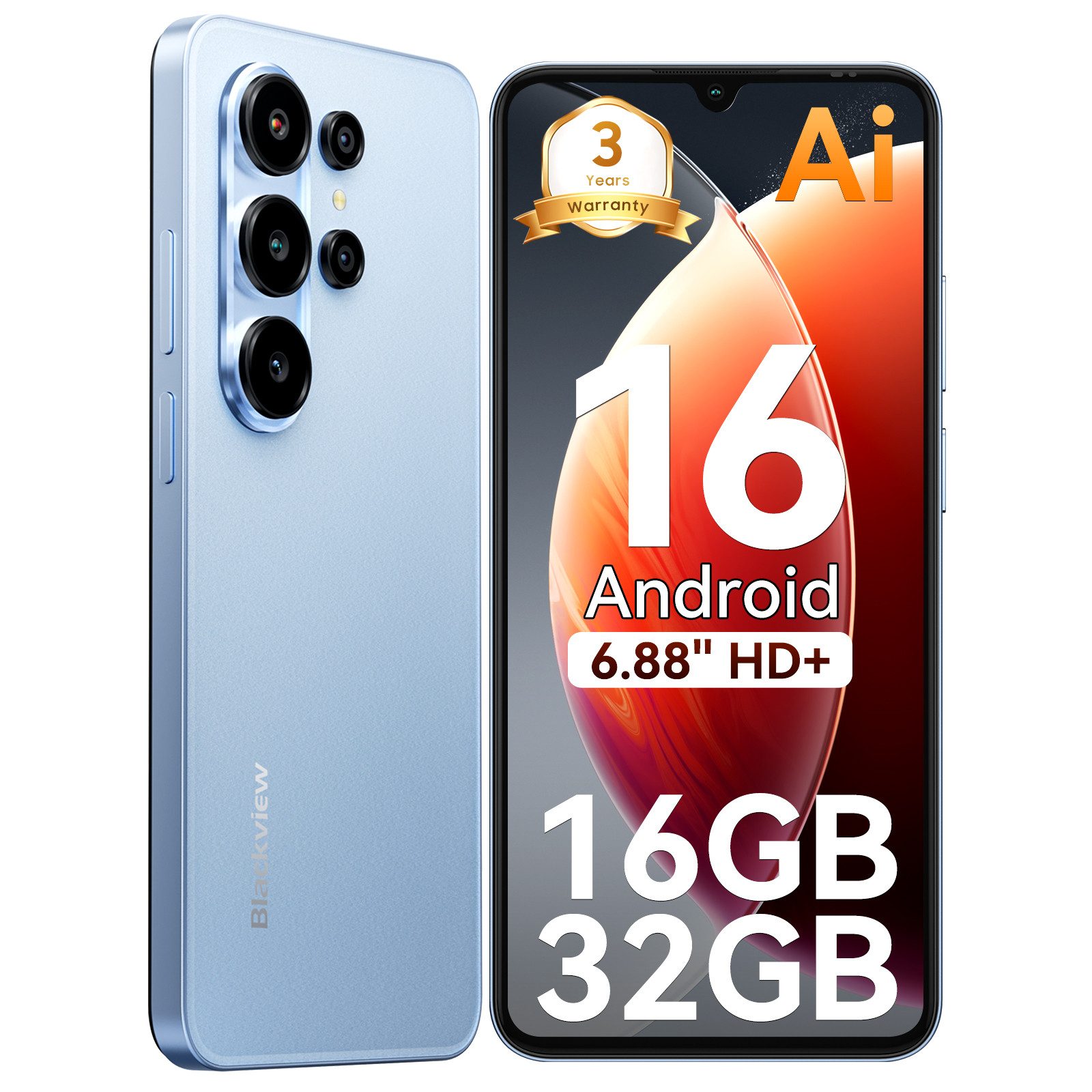 blackview Blackview Android 16 6,88'' 5000mAh 32MP 6GB+128GB Dual SIM Smartphone (6.88 Zoll, 32 GB Speicherplatz, 32 MP Kamera, Fingerabdruck, Dual SIM 4G, Android 16)