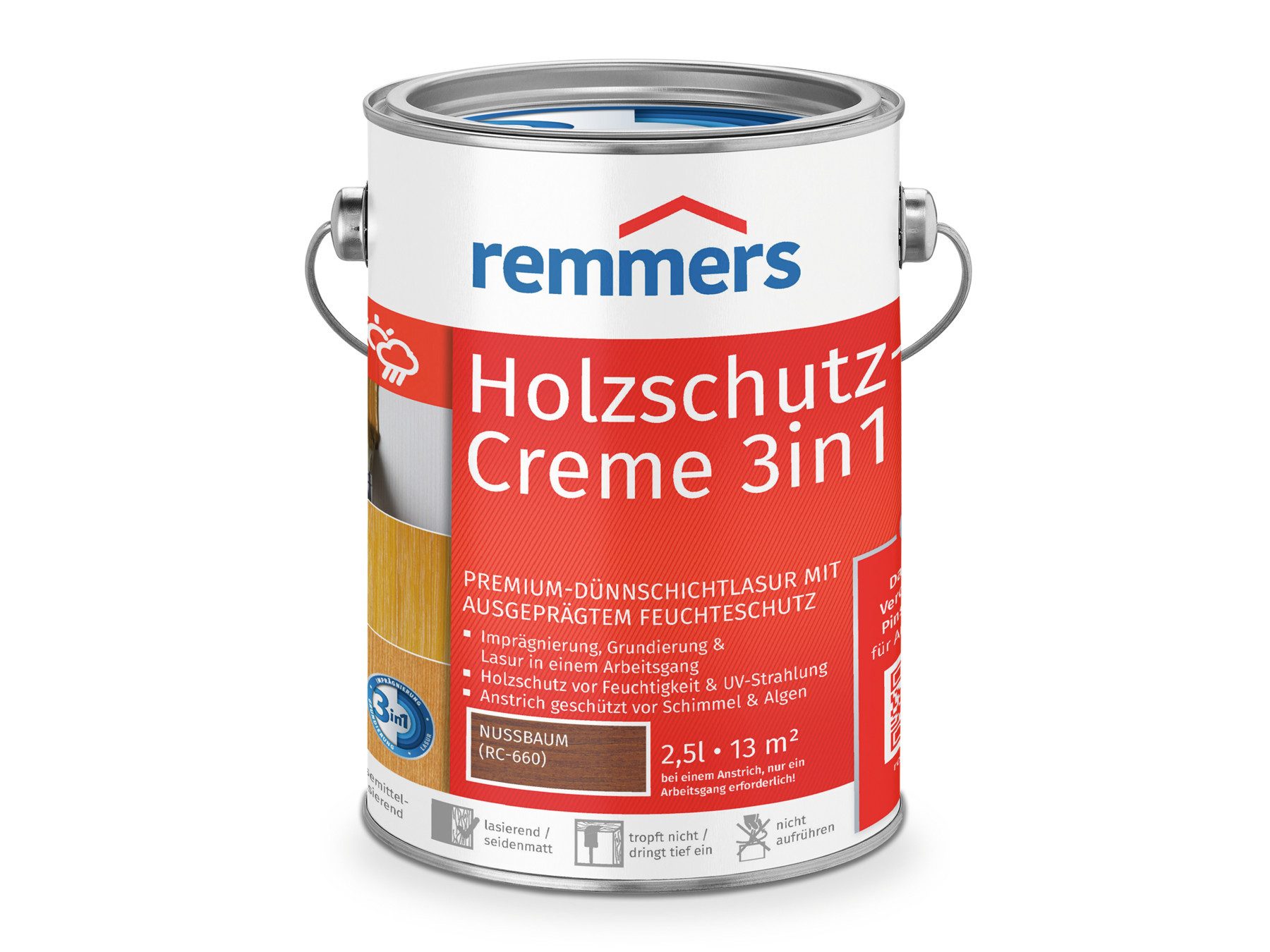 Remmers Holzschutzlasur Holzschutz-Creme 3in1 2,5 Liter, 3facher Holzschutz mit Imprägnierung + Grundierung + Lasur