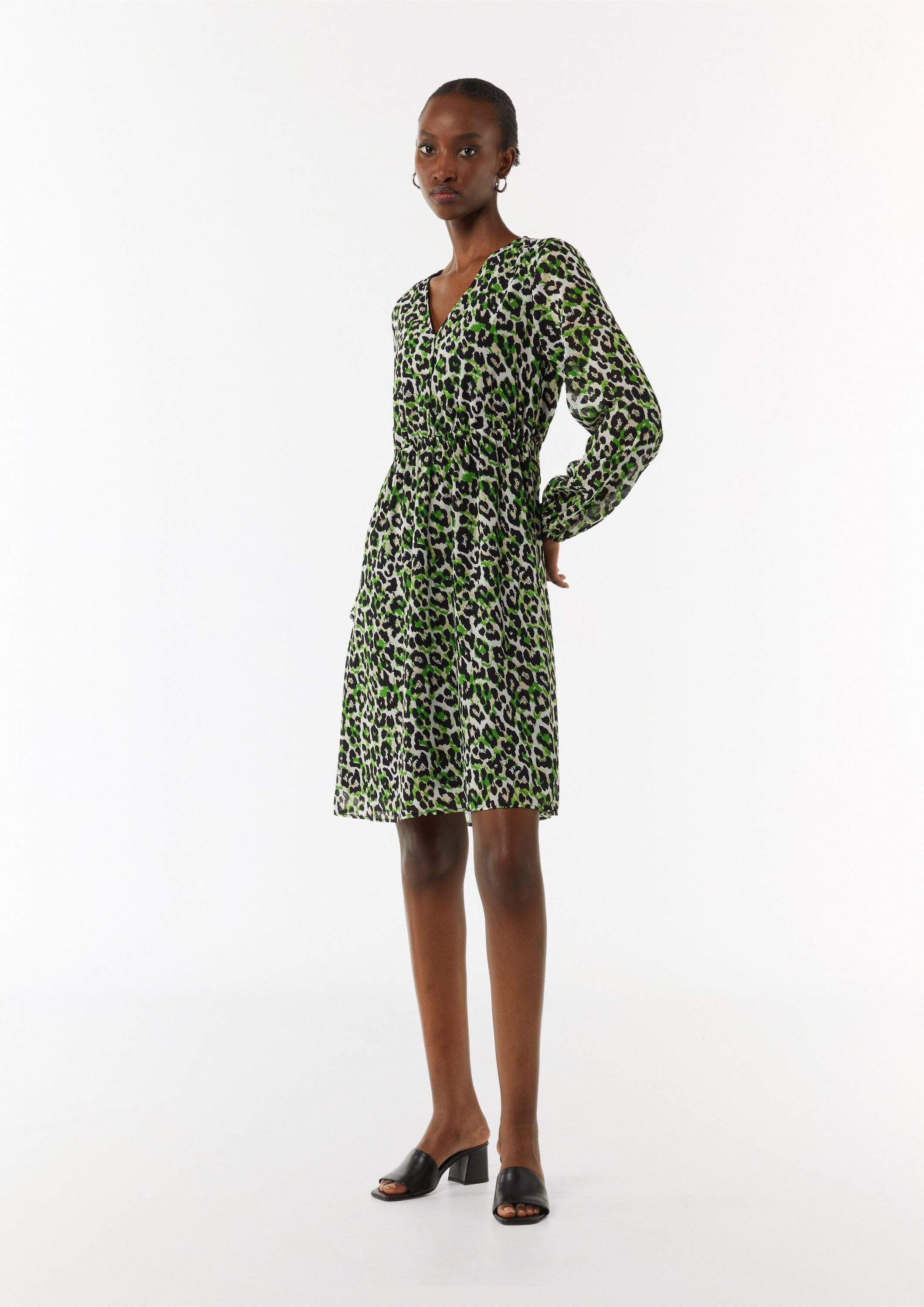 comma Minikleid Kleid Kurzes Chiffon-Kleid mit Leo-Print und Knopfleiste