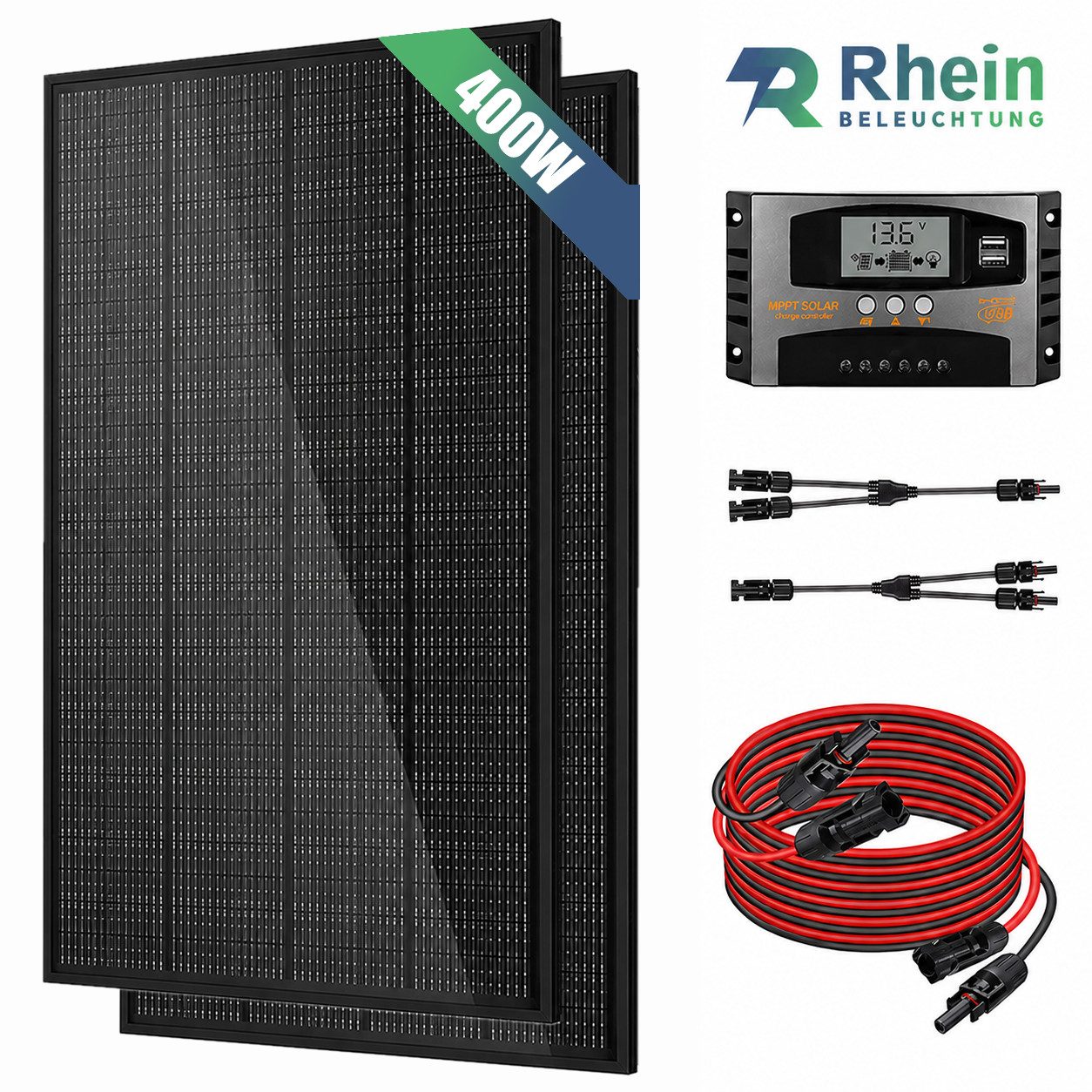 Rhein Beleuchtung Solarmodul 400W Solarpanel 12V Komplettset – 2×200W PV Modul mit MPPT-Regler, 400 W, TOPCon Monokristallin, (Set, 5-St., Solarpanel Camping für Wohnmobil, Boot, Gartenhaus & Offgrid), Flexibles ETFE TOPCon Solarmodul, bis 25 % Wirkungsgrad, IP65