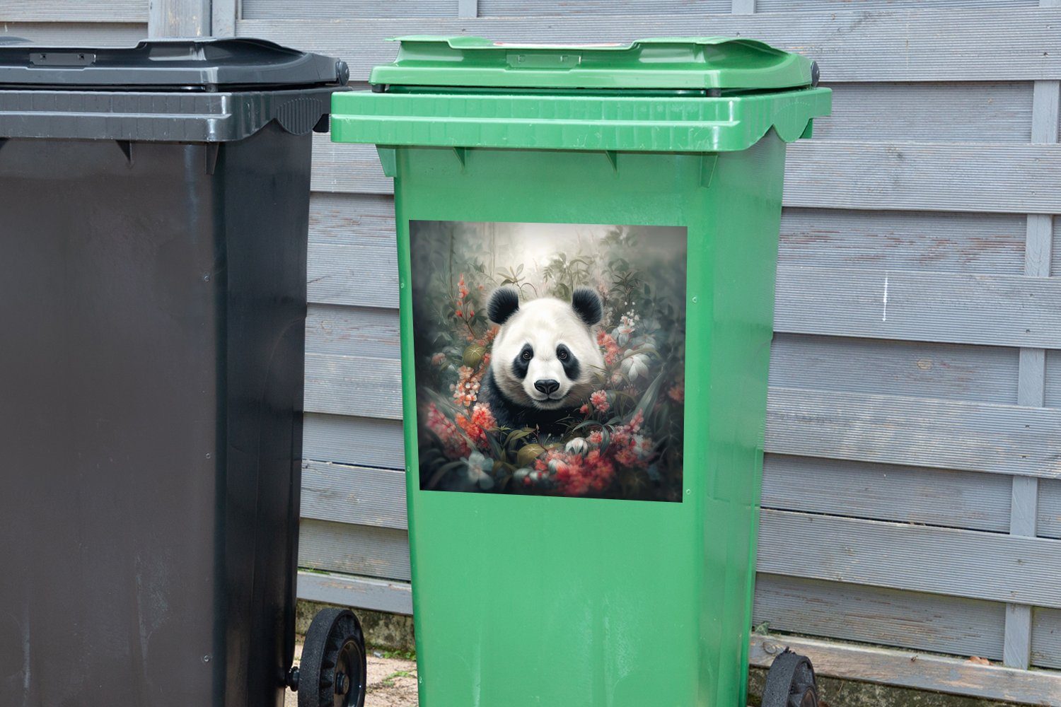 MuchoWow Wandsticker Panda - Sticker, - St), Wildtiere Abfalbehälter Container, Mülltonne, Mülleimer-aufkleber, Natur - Blumen (1