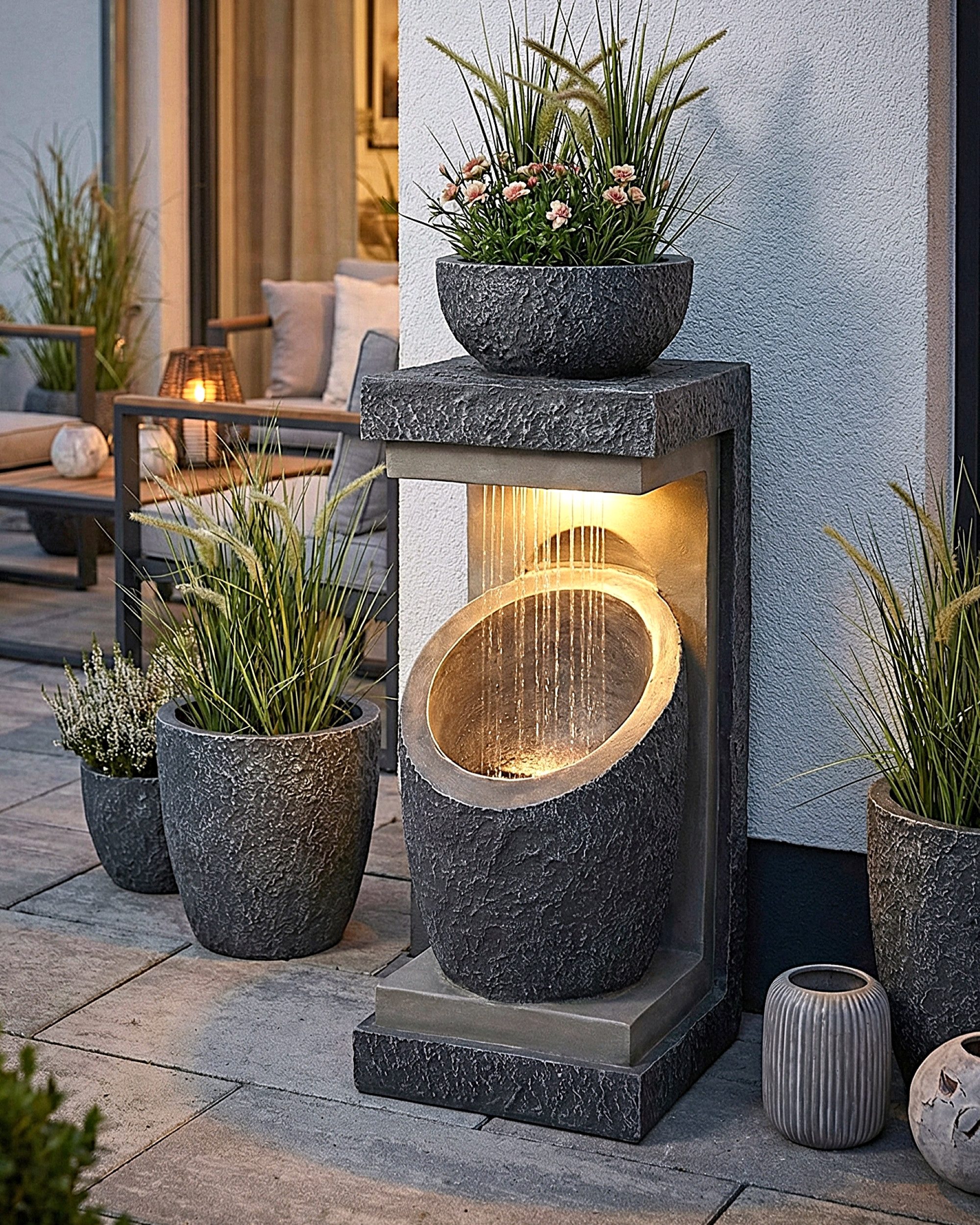 Arnusa Gartenbrunnen moderner Springbrunnen mit LED Beleuchtung bepflanzbar Steinoptik 81cm, Große Gartendekoration für den Innen- und Außenbereich
