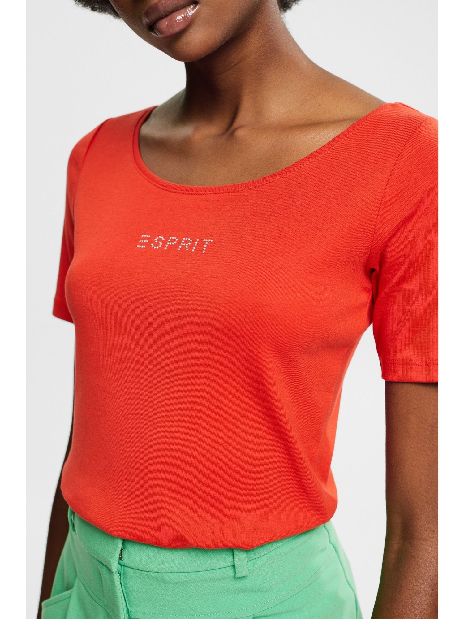 mit Glitzersteinchen T-Shirt Esprit Logo (1-tlg) T-Shirt RED aus ORANGE