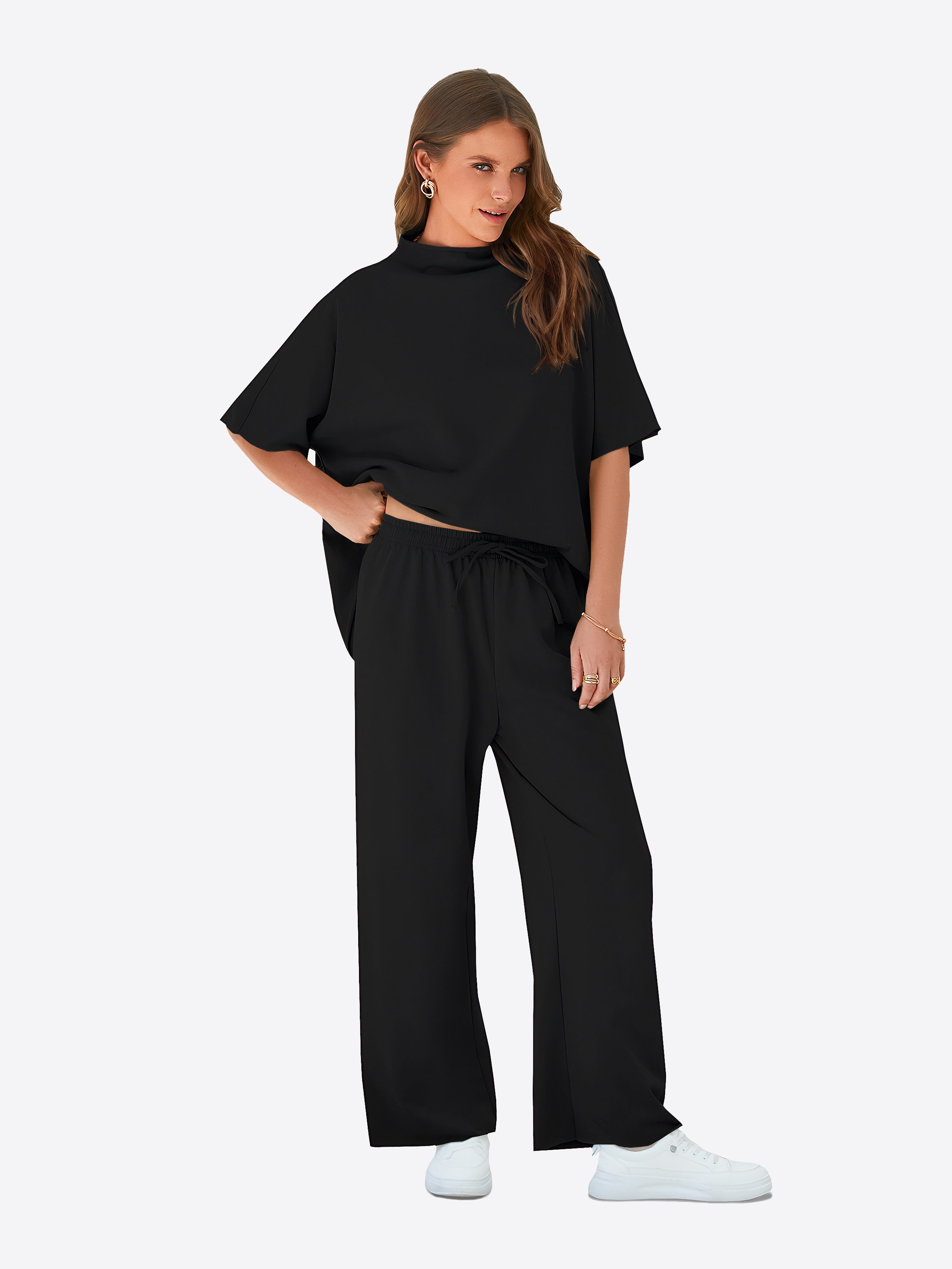 Imily Bela Hausanzug Damen Lounge-Set (Set, 2 tlg., Pullover-Oberteil mit 3/4-Fledermausärmeln + weite Hosen) Einfarbig