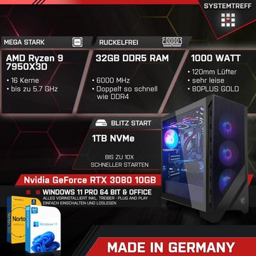 SYSTEMTREFF Gaming-PC (AMD Ryzen 9 7950X3D, GeForce RTX 3080, 32 GB RAM, 1000 GB SSD, Wasserkühlung, Windows 11, WLAN)