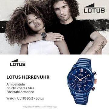 Lotus Quarzuhr LOTUS Herren Uhr Sport 18680/2 Edelstahl, (Analoguhr), Herrenuhr rund, groß (ca. 43mm) Edelstahlarmband blau