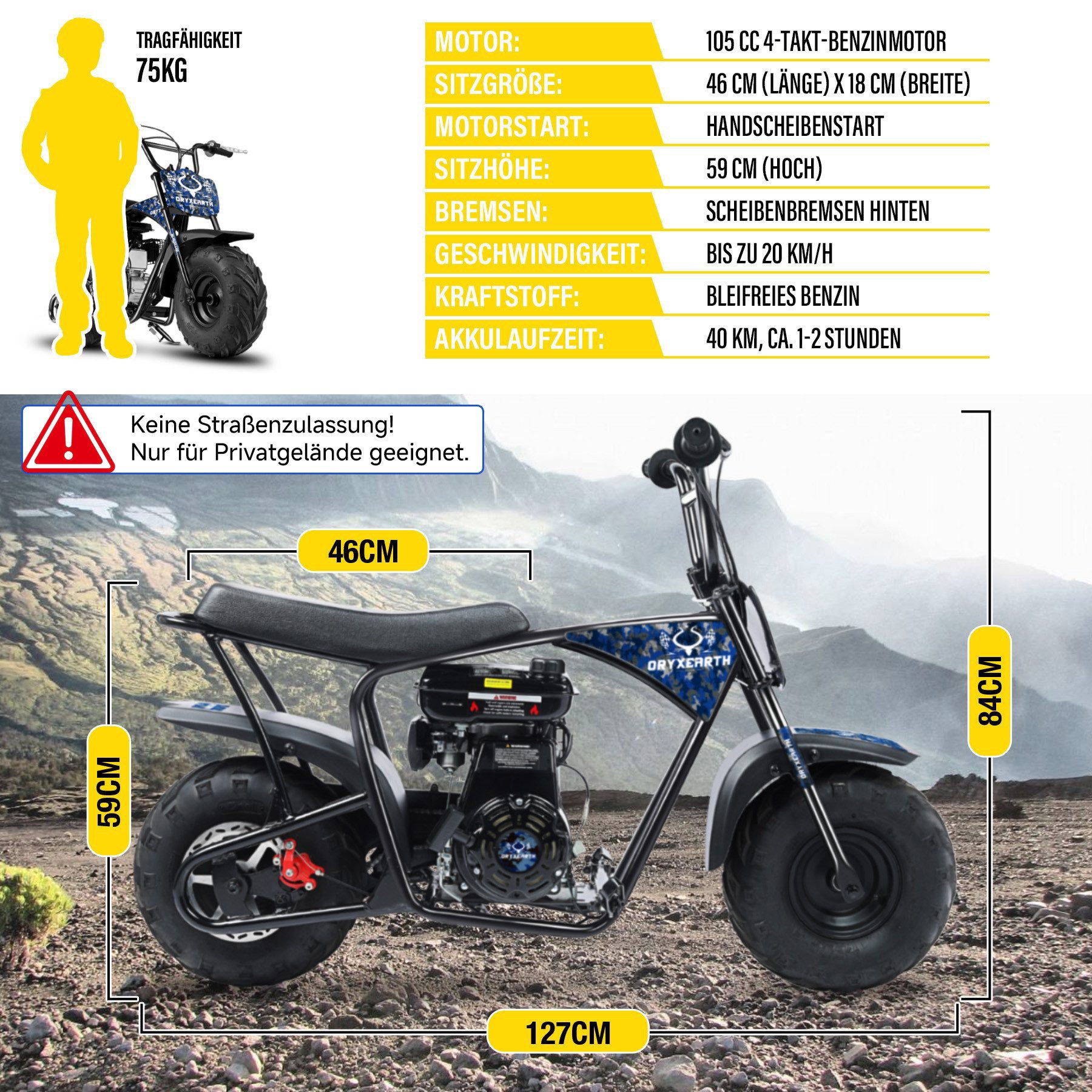 Oryxearth Dirt-Bike Pocket bike Minicross 105cc 20km/h Gasbetriebenes Offroad-Motorrad