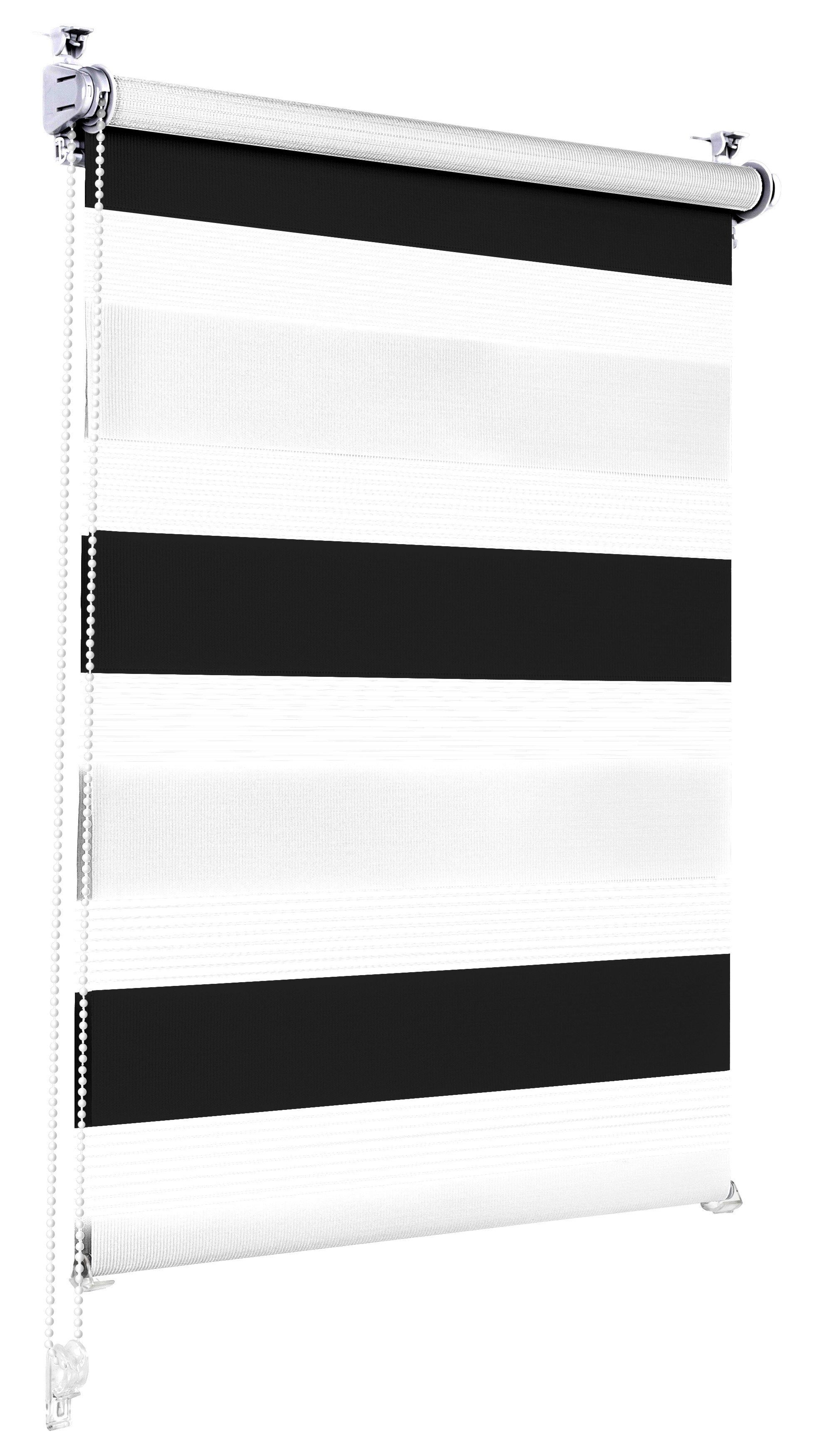 Doppelrollo Klemmfix ohne Bohren Rollos für Fenster und Tür Seitenzugrollo, Sonello, blickdicht, ohne Bohren, freihängend, Klemmfix, 30cm x 100cm Schwarz/weis Duo Rollo, Jalousie mit Klemmträger