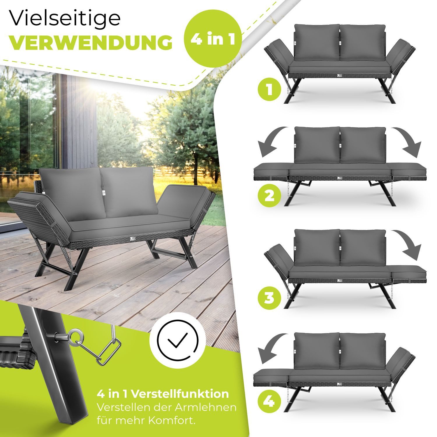 KESSER Gartenbank Polyrattan Gartensofa 4-in-1 mit Liegefunktion & Verstell-Funktion (Gartencouch mit Sitzkissen & Rückenkissen Extra Dicke & Weiche Polster), Balkon-Sofa Wetterfest für Garten, Balkon & Terrasse