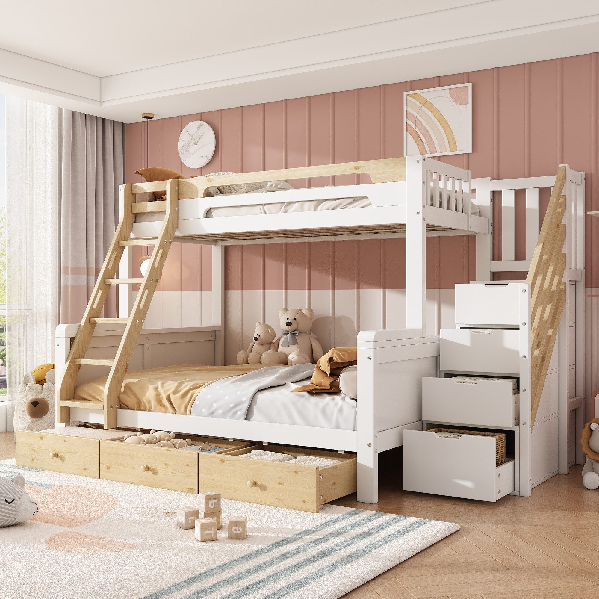 HAUSS SPOLE Etagenbett 90x200+140x200 Stockbett mit Stauraumtreppe,Holzbett Schubladen,Natur (Familien-Etagenbett mit Treppe und Leiter in Weiß und Naturholzoptik, ohne Matratze), Mehrpersonenbett mit Schubladen für Kinderzimmer