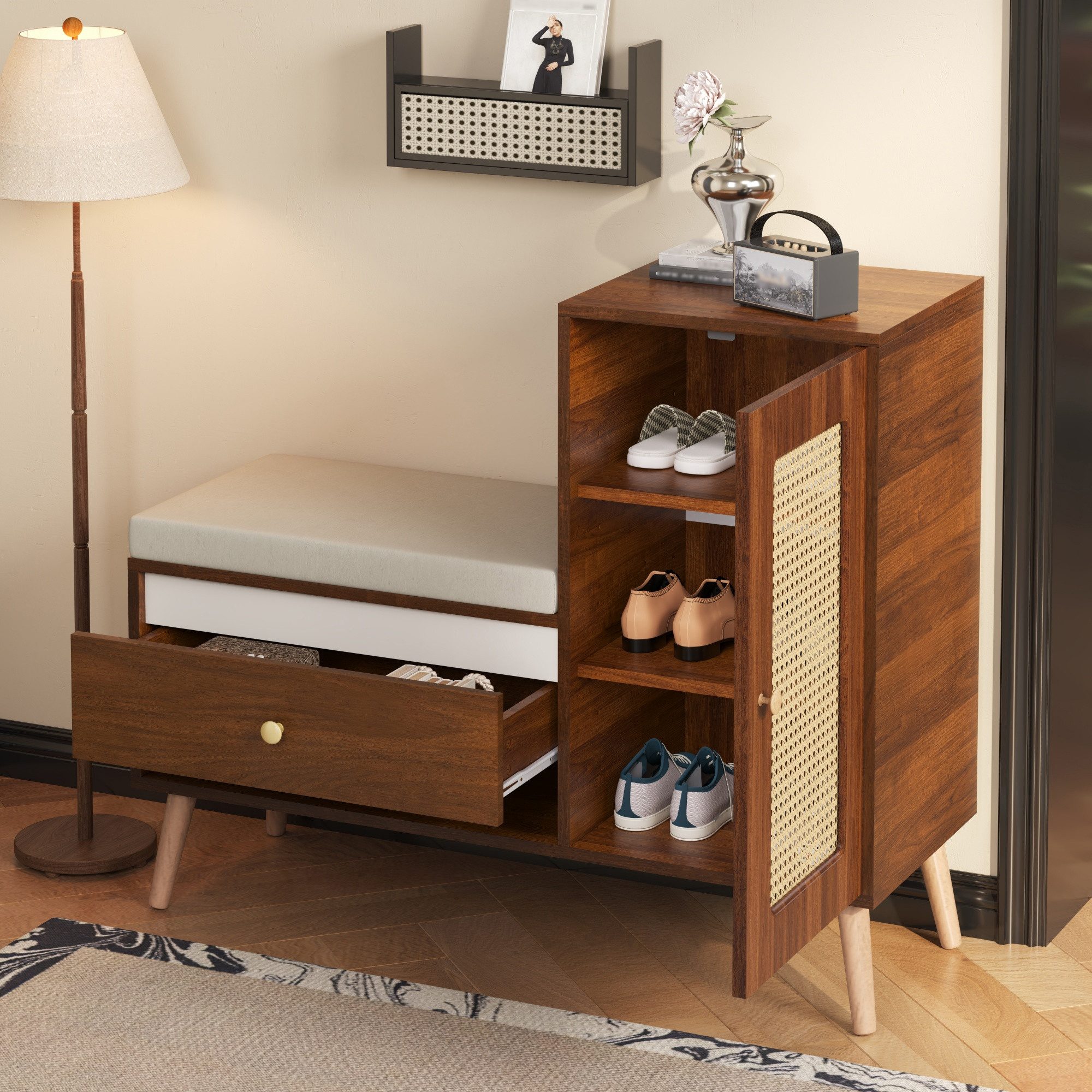 BlingBin Schuhbank Rattan Garderobenbank mit Schuhschrank & Sitzpolster, Flurbank (1er Set, 1-St., Gesamtabmessungen: 95.5*35*80.5cm, Gewichtskapazität: 50kg), Eingangsbenecke mit Schubladen, Offenen Fächern & Schranktür