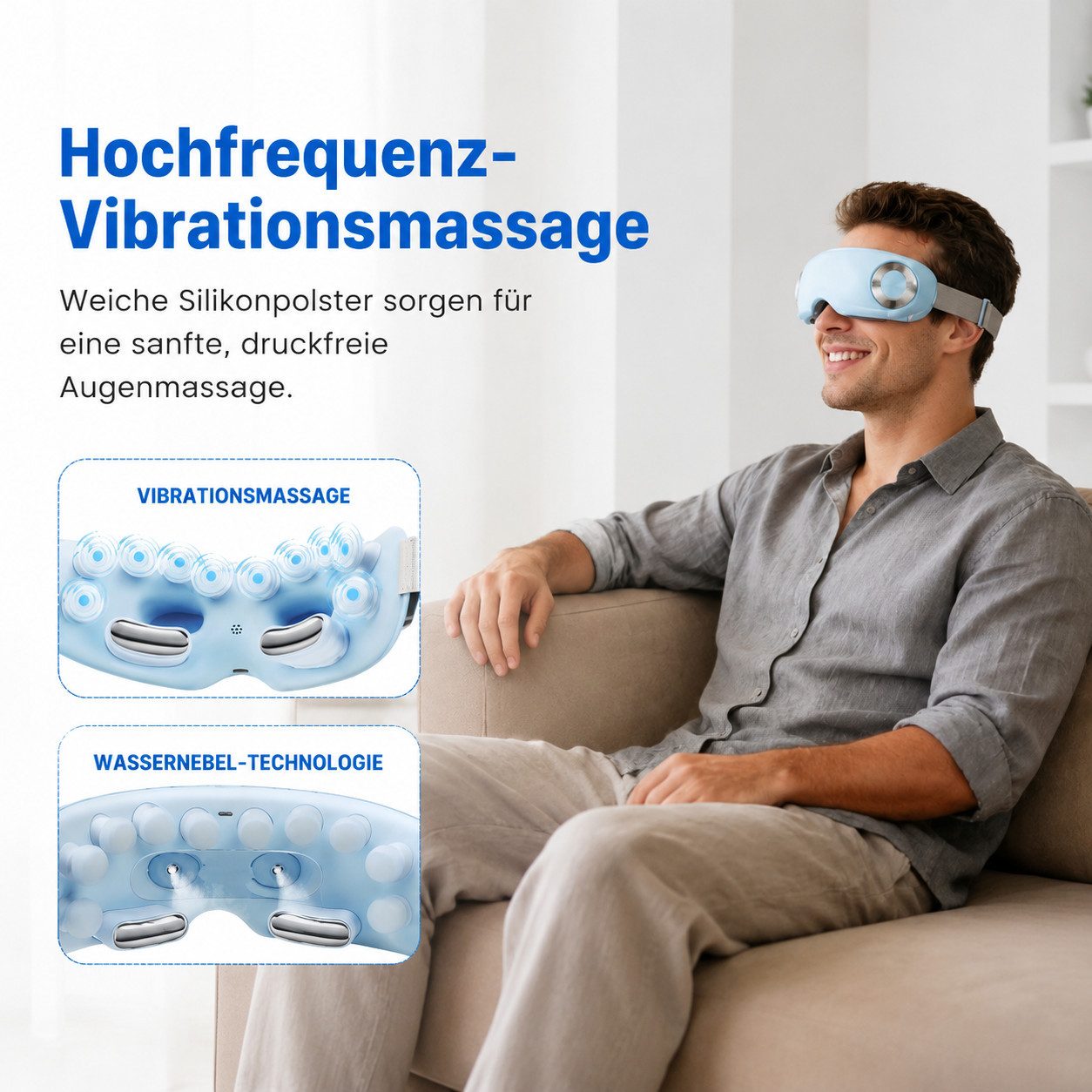 ibettertec Massagegerät Elektrisches Augenmassagegerät mit Vibration Wärme & Wassernebel, Ergonomisches Design für Home & Büro, Elektrische Augenmaske, Augenermüdung Linderung, 4 modi,1200mAh,Bluetooth-Musik, wiederaufladbar,Wärme-Augenmaske