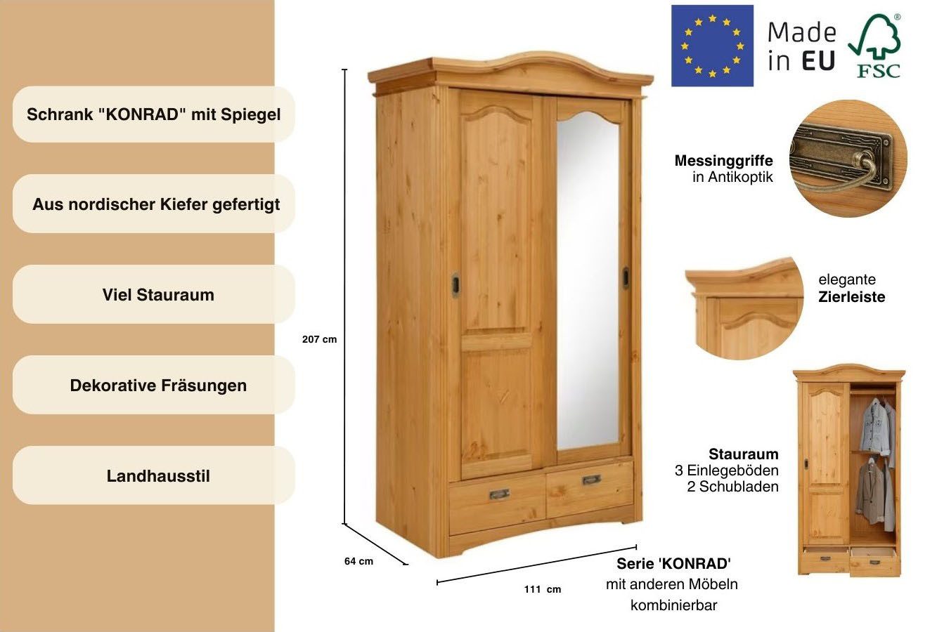OTTO home Schiebetürenschrank Konrad (B/H/T ca. 111/207/64 cm) Breite 111 cm, aus massiver, FSC®-zertifizierter Kiefer