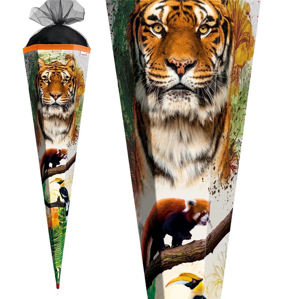 Roth Schultüte Tiger, 85 cm, eckig, mit schwarzem Tüllverschluss, Zuckertüte für Schulanfang