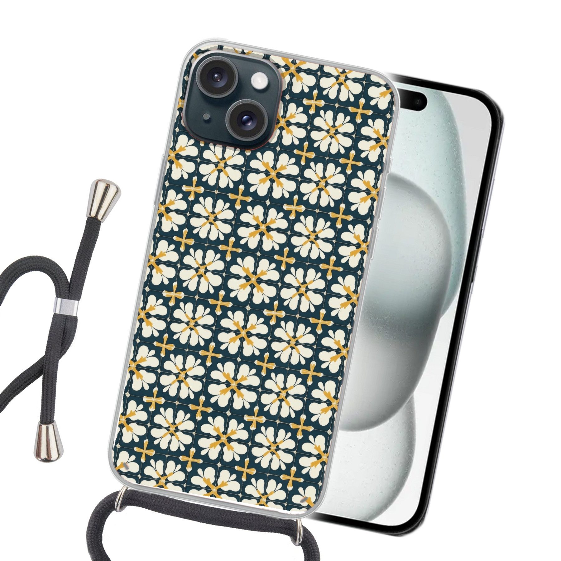 MuchoWow Handyhülle für Apple iPhone 15 Motiv - Fliese - Ockergelb, Tragbare Handyhüllen mit Kette zum umhängen, Handykette Handyband