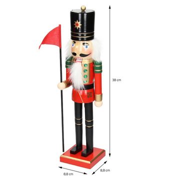 ECD Germany Nussknacker Nussknacker Figur Soldat Weihnachten Holzfigur König Puppet Marionette, 38cm schwarzer Hut Fahne Holz Unikat handbemalt