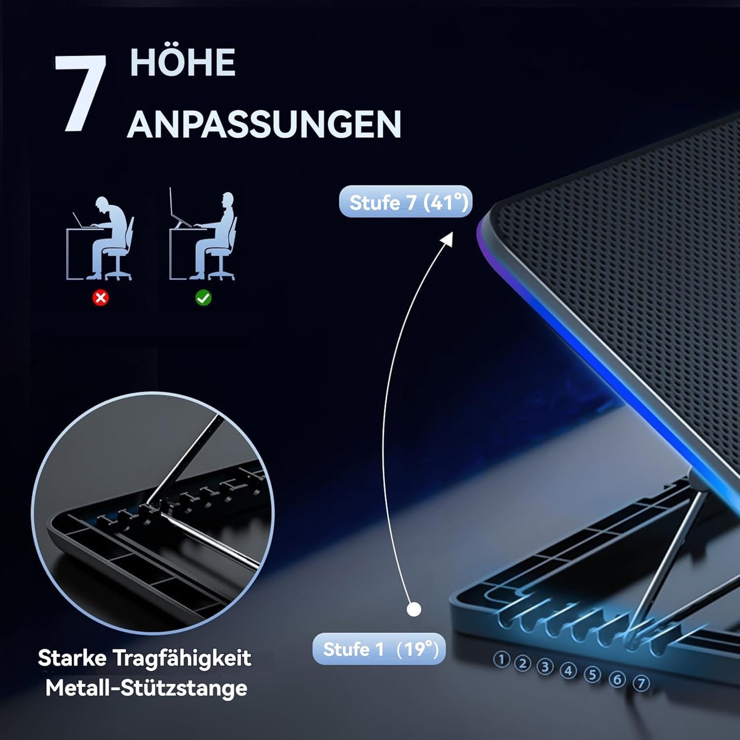 AIMAX Notebook-Kühler Laptop Kühler 7 Höhenverstellbar & Handyständer Cooler, 2 USB Ports & Einstellbarer Geschwindigkeit Kühlständer – Bild 4 von 5