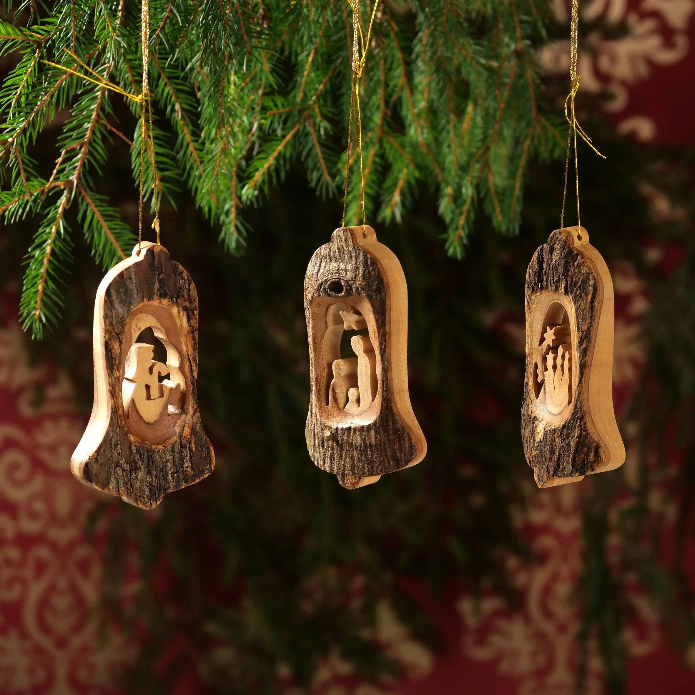 Kassis Dekoobjekt Weihnachtsdeko Baumschmuck Krippe mit Bethlehem, Glocke, in umweltfreundlich, aus Rinde Olivenholzdeko, handgemacht
