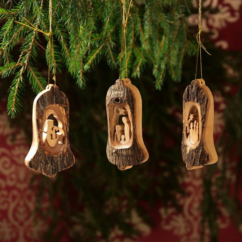 Kassis Dekoobjekt Weihnachtsdeko Baumschmuck Krippe in Glocke, handgemacht,  umweltfreundlich, aus Bethlehem, Olivenholzdeko, mit Rinde