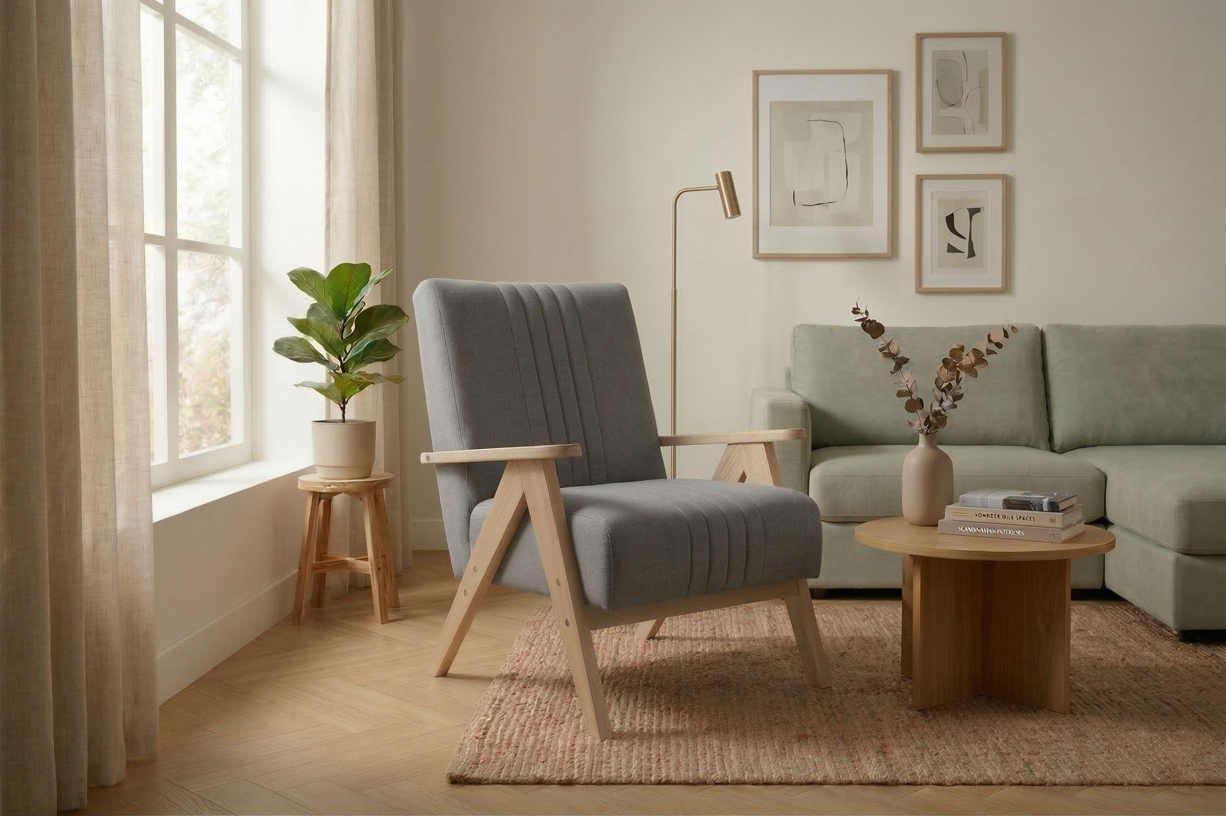 Friderik-EU Sessel ENZO Polstersessel mit Holzgestell Mid-Century, vertikale Steppungen am Rücken, leichtes Holzgestell