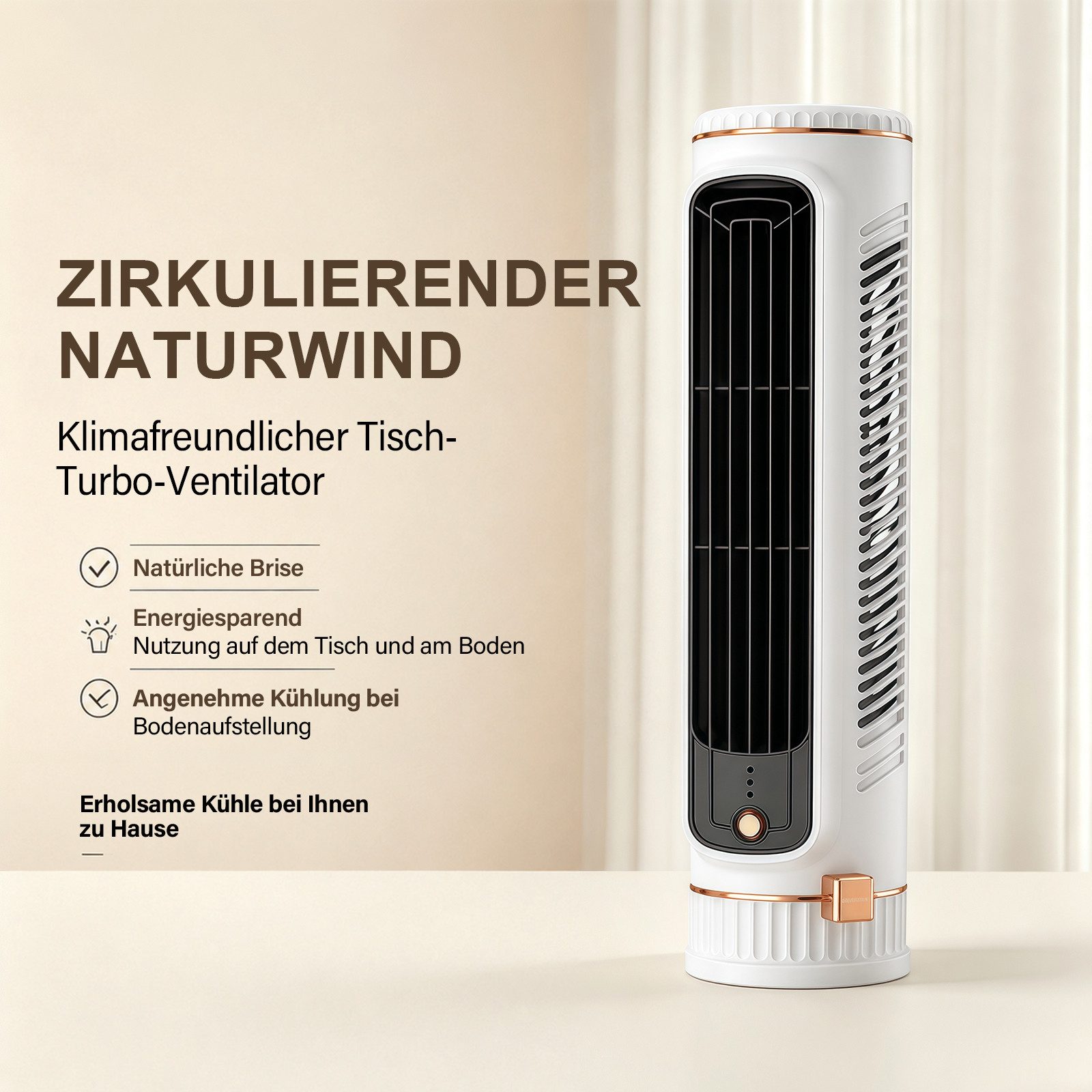 MOPUEA Turmventilator Tischventilator Turmventilator Naturwind 3 Stufen Kabellos Kompakt, 3 Stufen, Naturwind, Akku, USB-C, rutschfester Stand