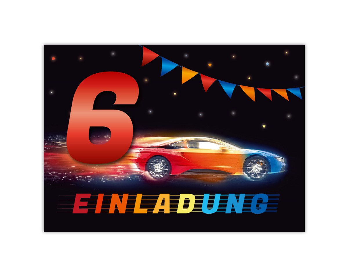 JUNAPACK Einladungskarten Auto zum 6. Kindergeburtstag Jungen Einladungen Rennauto Karten, Einladungskarten mit einem Auto Motiv zum 6. Geburtstag