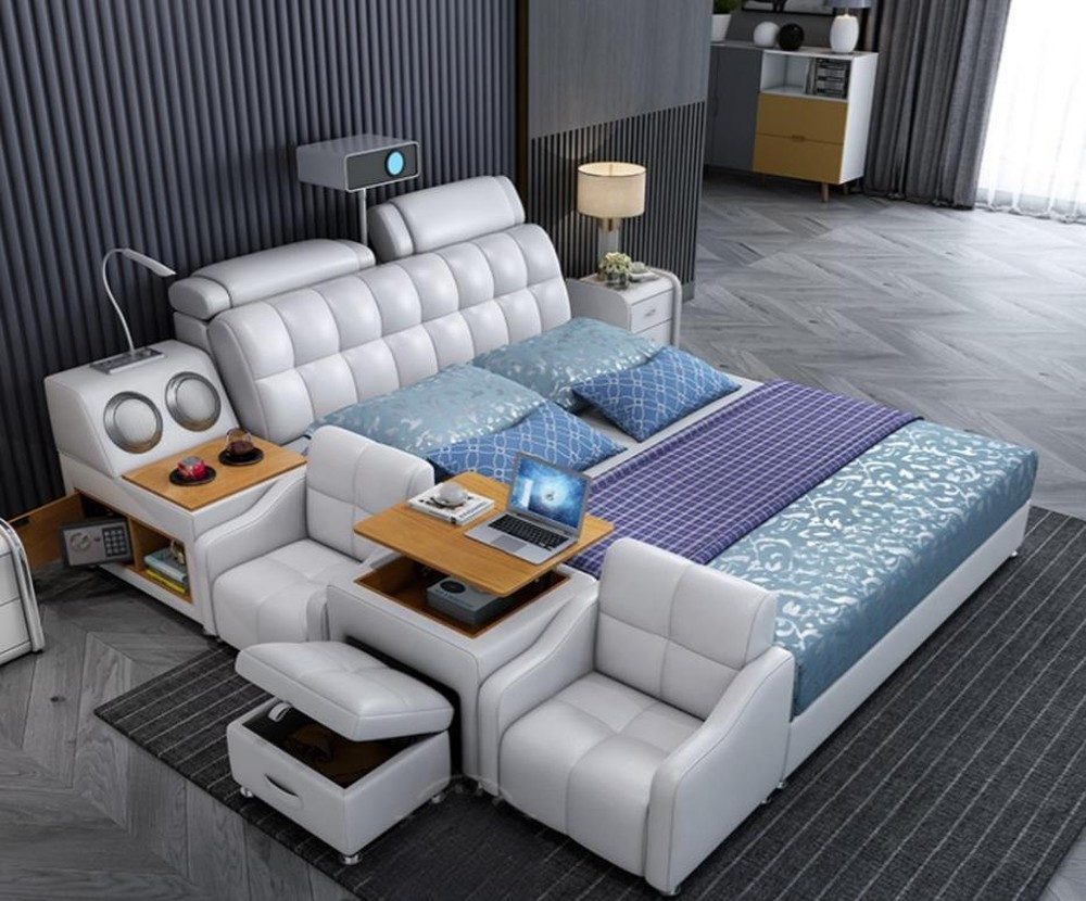 Xlmoebel Multimediabett Luxus Doppelbett aus Leder mit Stauraum-Boxen (Doppelbett, Multifunktions Bett), Hergestellt in Europa