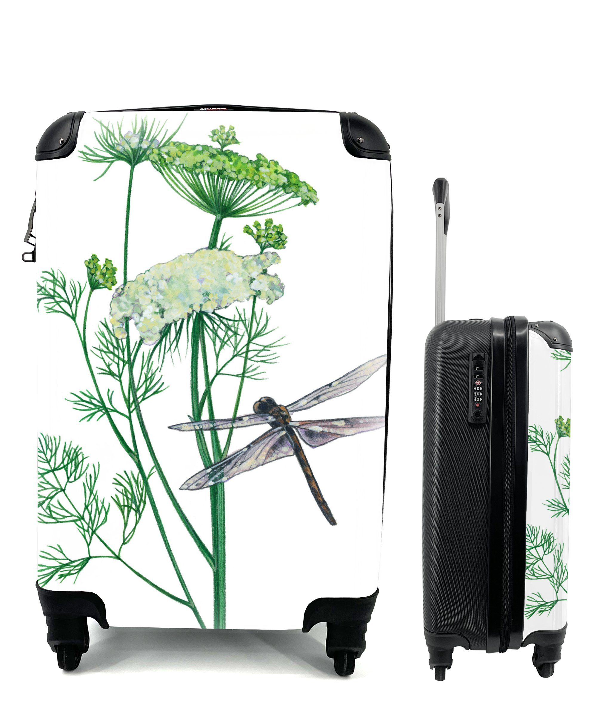 MuchoWow Handgepäckkoffer Eine Illustration einer Libelle auf einer Pflanze, 4 Rollen, Reisetasche mit rollen, Handgepäck für Ferien, Trolley, Reisekoffer | Handgepäck-Koffer