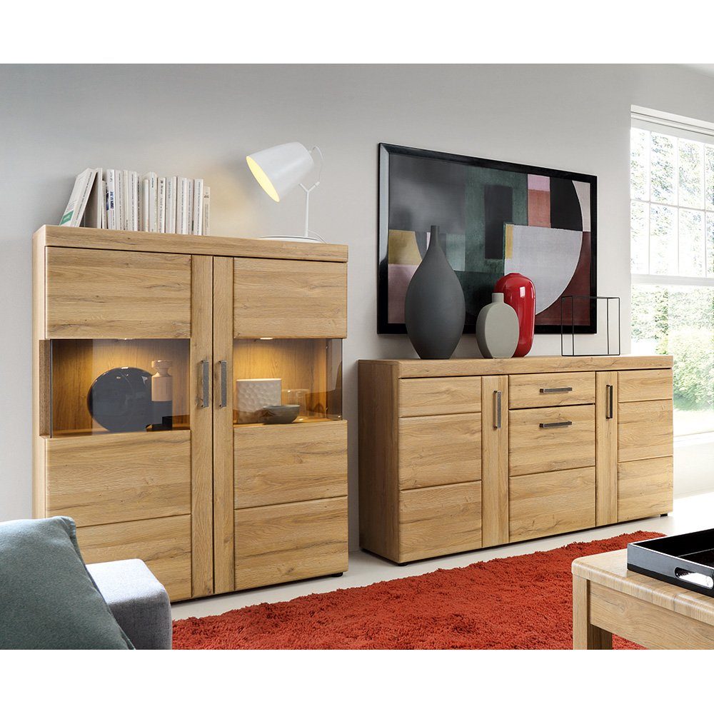 Lomadox Wohnwand CARIATI-129, (2-St., 2-tlg), Highboard Grandson mit Sideboard, Eiche Nb. Beleuchtung, und