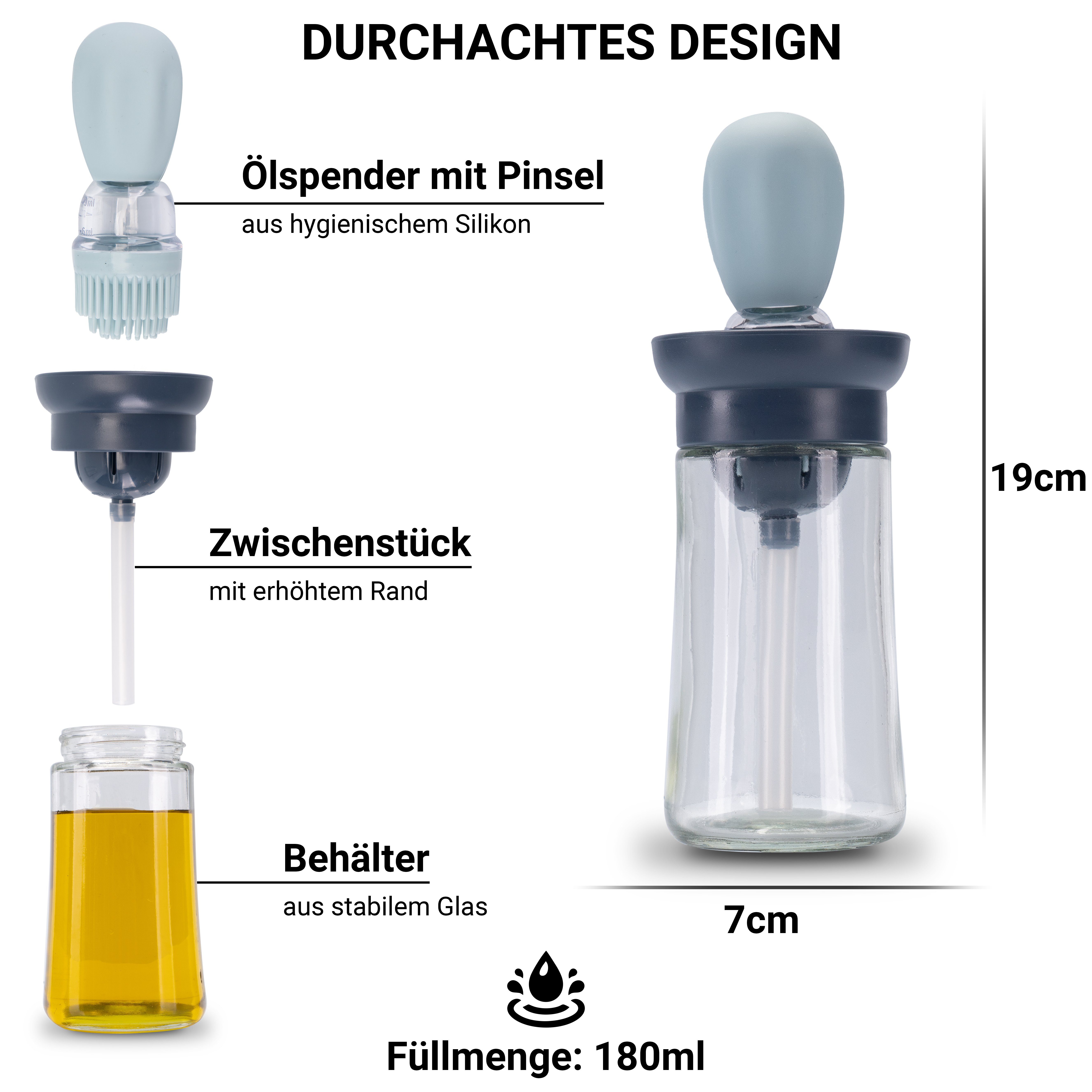 Fino Casa Ölspender 2 in 1 Ölspender, (2er Set: 1x Blau & 1x Beige mit Backpinsel mit Silikonpinsel, Ölsprüher Glasflasche zum befüllen mit 180ml Öl oder Essig)
