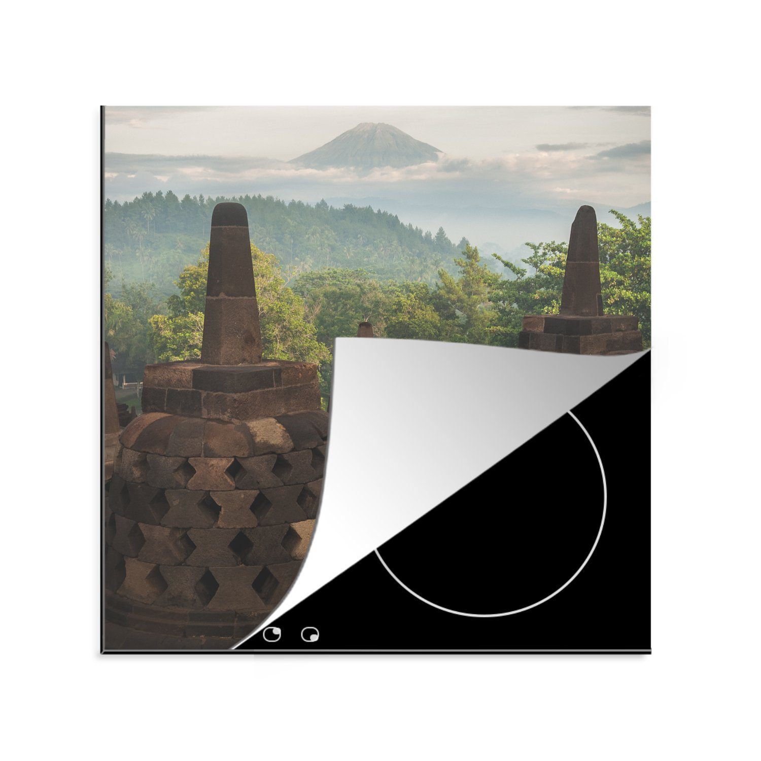 MuchoWow Herdblende-/Abdeckplatte Fantastische Aussicht auf den Dschungel vom Borobudur, Vinyl, (1 tlg), 78x78 cm, Ceranfeldabdeckung, Arbeitsplatte für küche