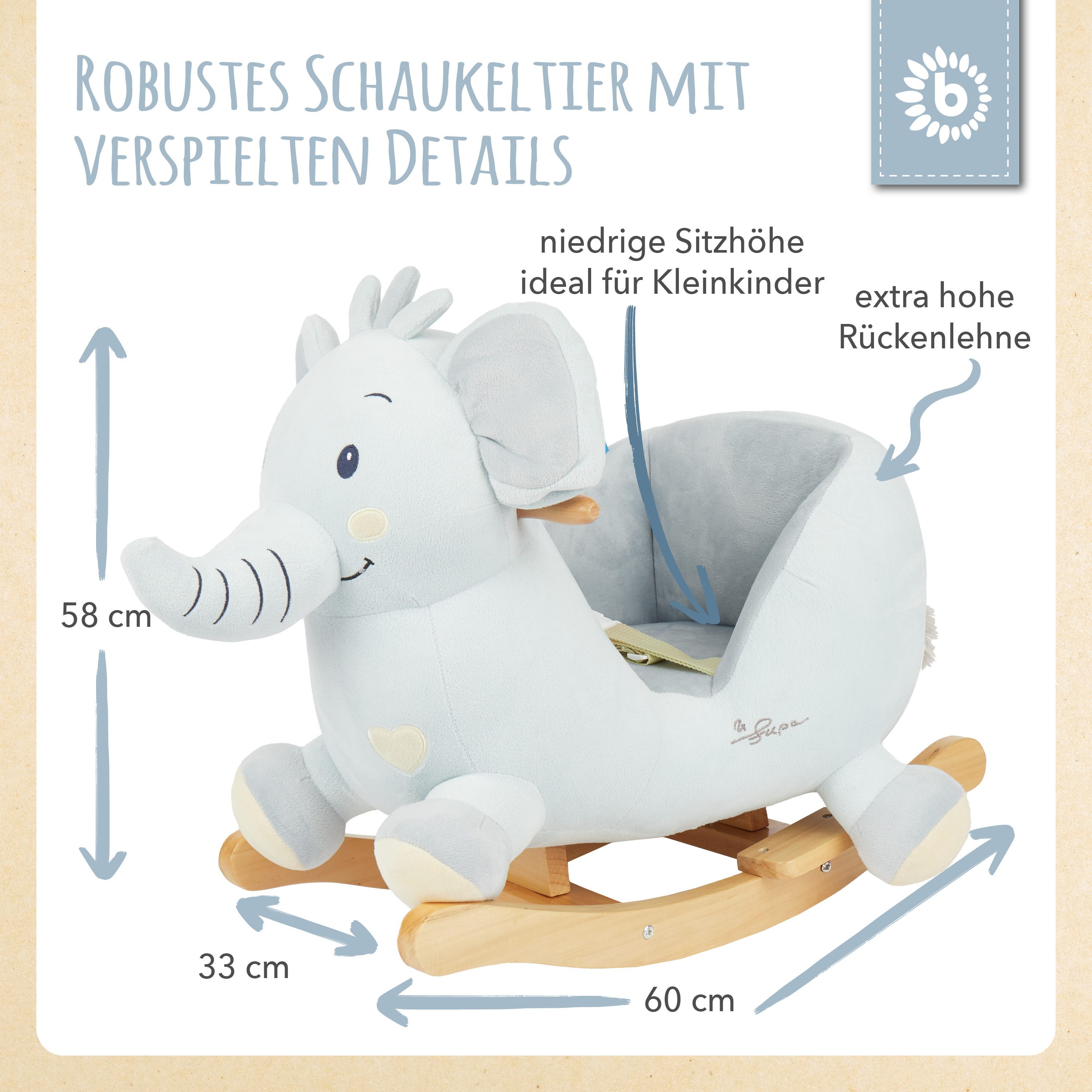 BIECO Schaukeltier Schaukelpferd Elefant aus Plüsch & Holz – Wippe ab 9 Monaten