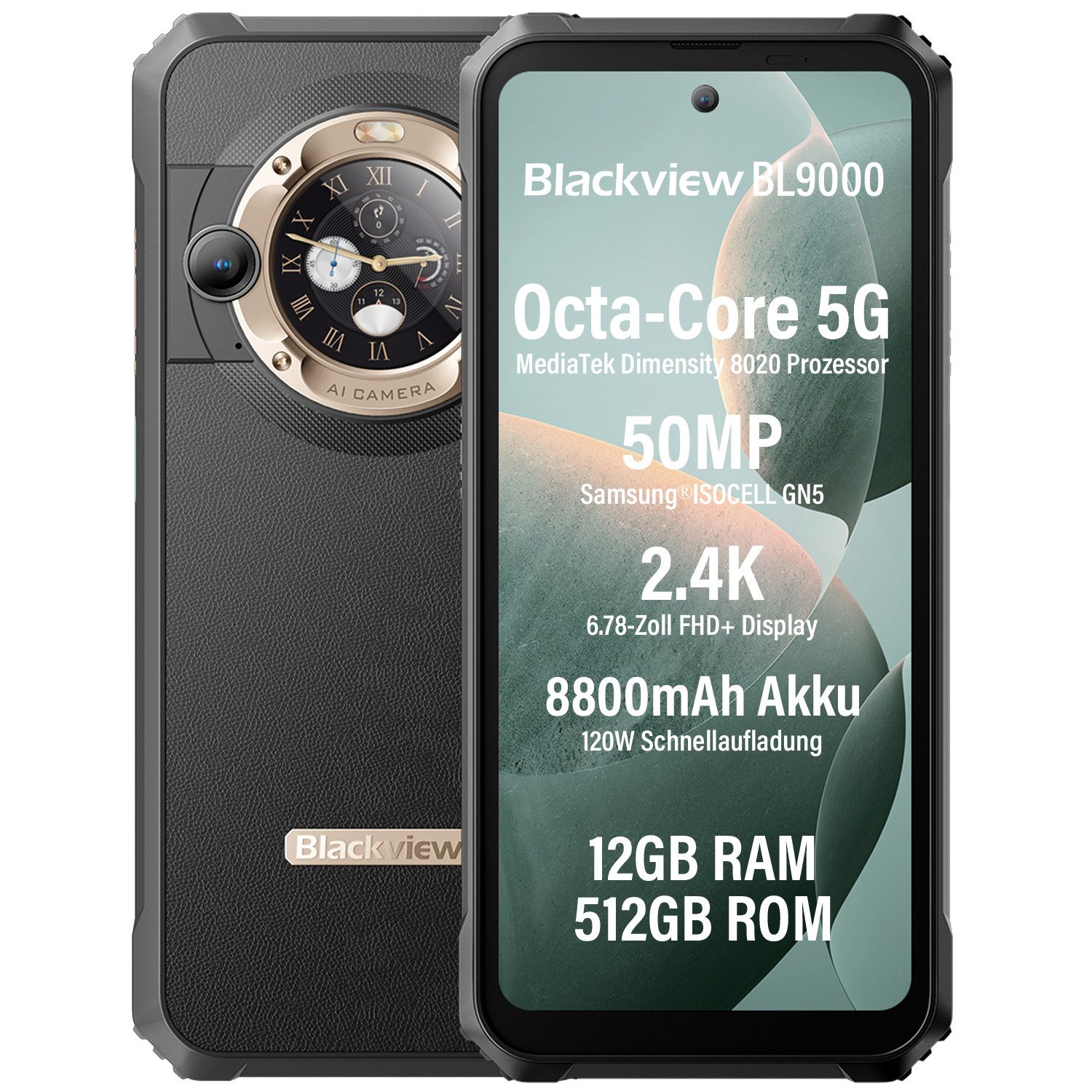 blackview BL9000 Smartphone (6.78 Zoll, 512 GB Speicherplatz, 50 MP Kamera, 5G MediaTek Dimensity 8020, NFC/Face ID/GPS/IP69K)