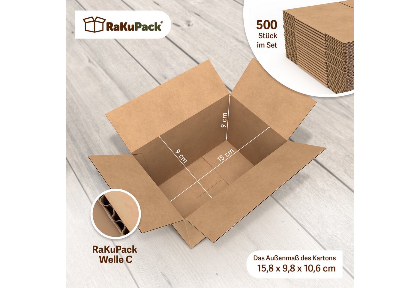 Thumbnail - RaKuPack Versandkarton Faltkarton Verpackungskarton Faltschachtel Warensendung braun, 500 Stück 150x90x90mm Karton Karto...