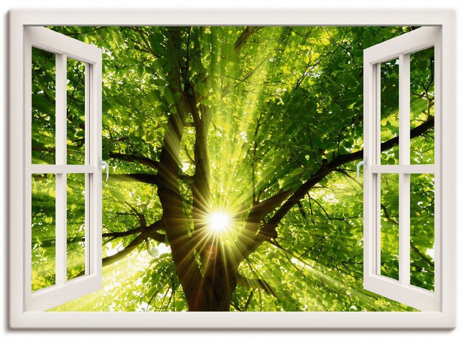 Artland Wandbild Fensterblick Sonne strahlt durch Baum, Bäume (1 St), als  Leinwandbild, Wandaufkleber oder Poster in versch. Größen