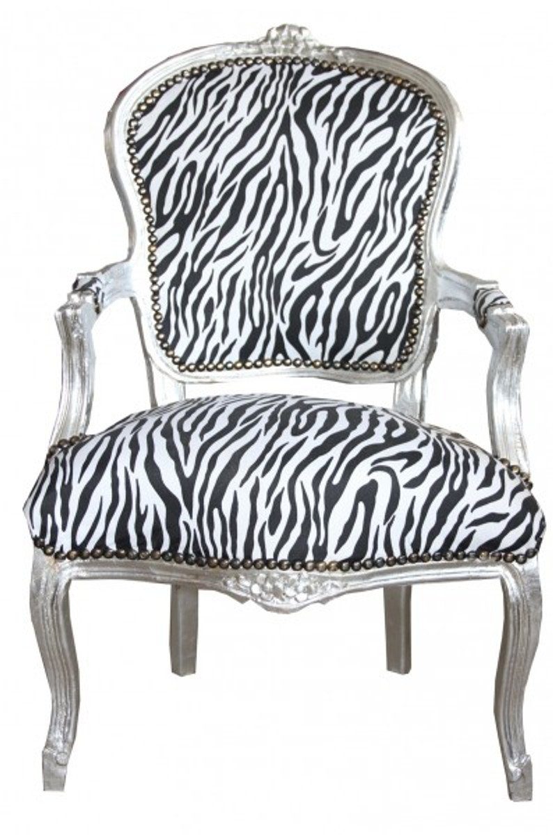 Casa Padrino Besucherstuhl Barock Salon Stuhl Zebra / Silber