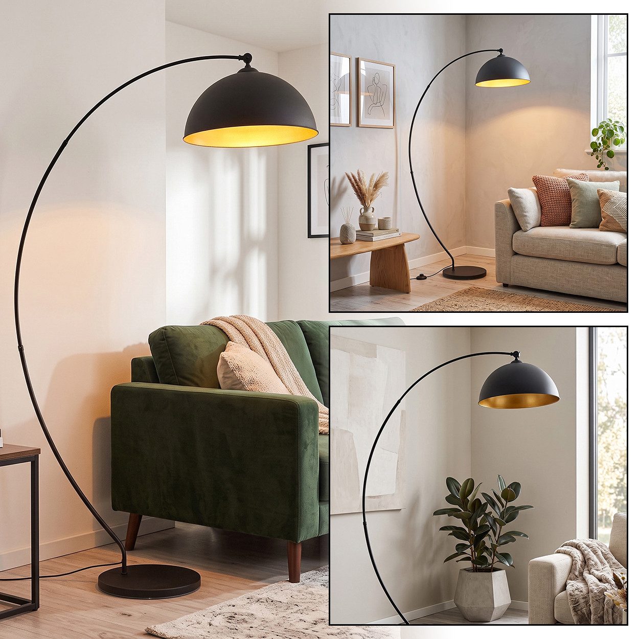 hofstein Bogenlampe »Aliena« Vintage Stehleuchte aus Metall in Schwarz/Gold, ohne Leuchtmittel, E27, Leuchte m. Fußschalter in Blattgold-Optik