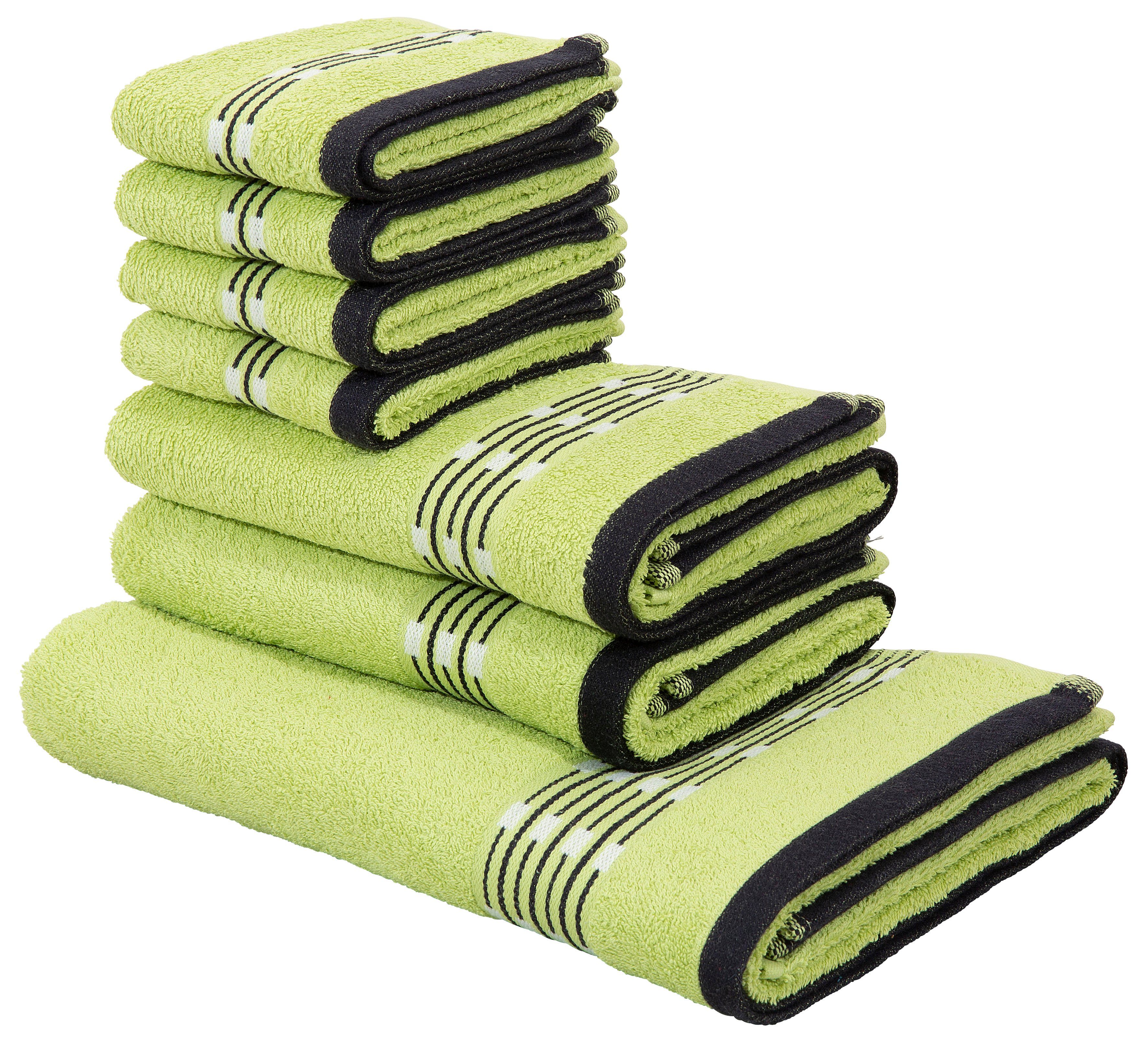 my home Handtuch Set Jonnie, Walkfrottee, (Set, 7-tlg), Handtücher aus 100% Baumwolle, Handtuchset mit gemusterter Bordüre grün