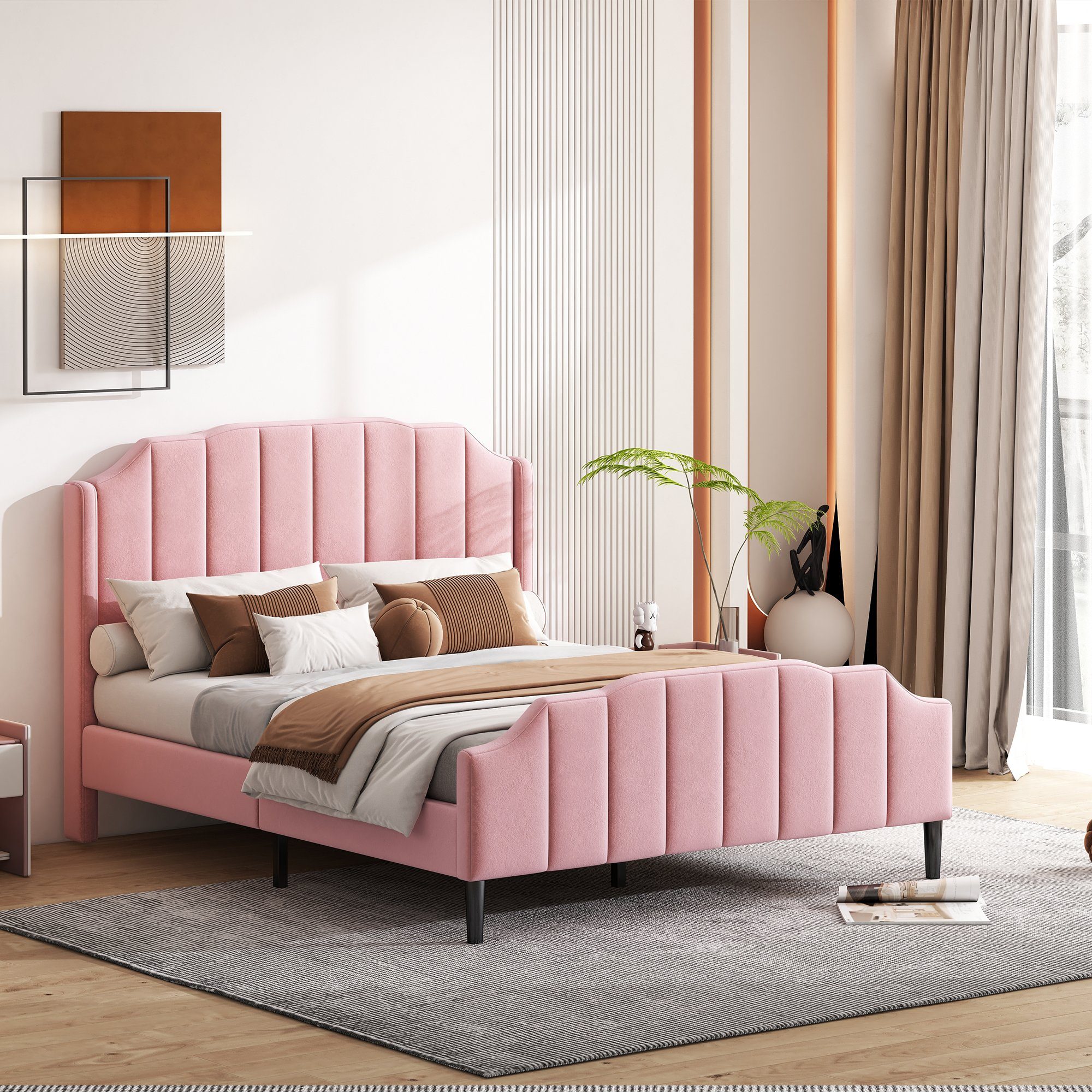 Flieks Polsterbett, Doppelbett Kinderbett mit Lattenrost Samt 140x200cm rosa