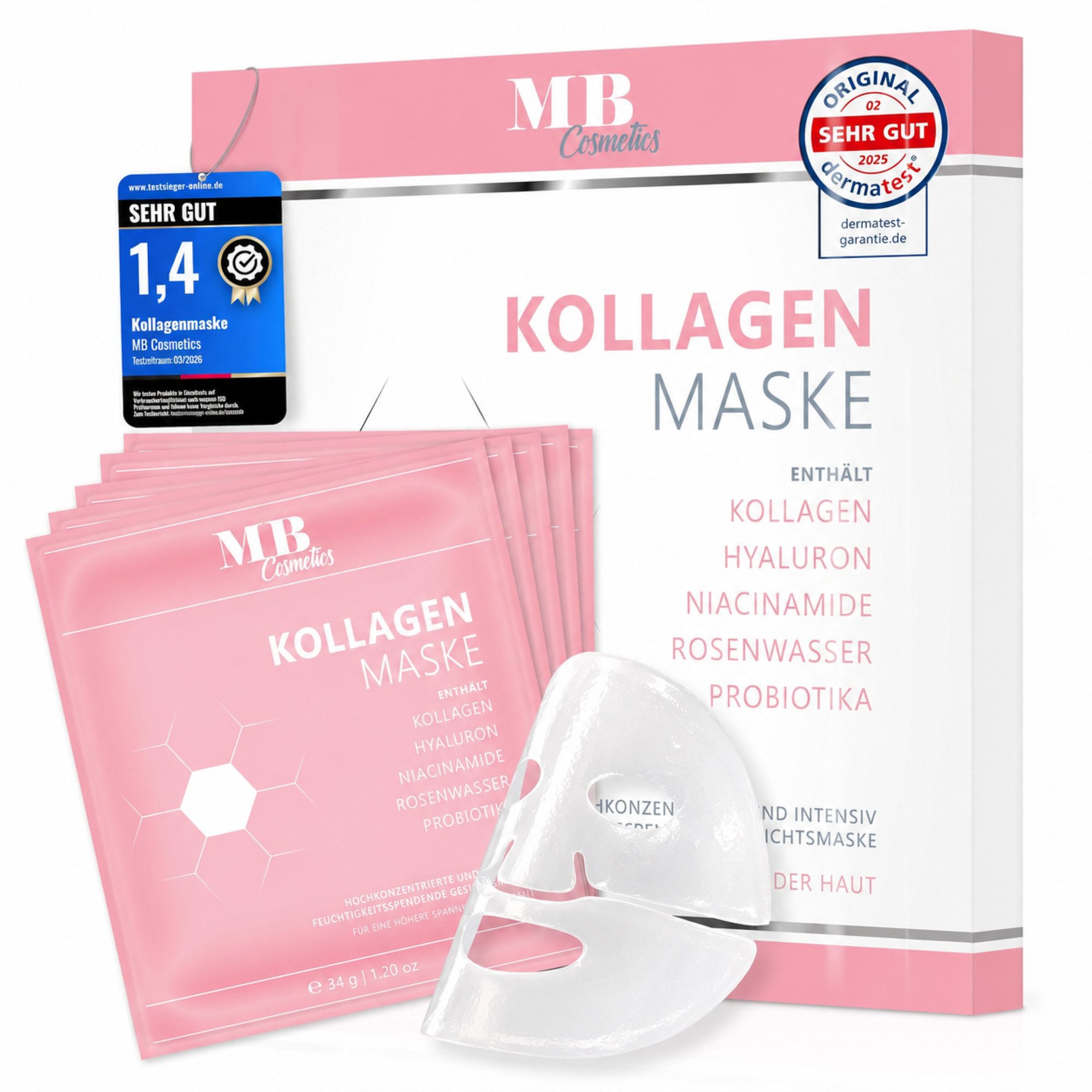 Medical Beauty Cosmetics Gesichtsmaske Kollagen Hydrogel Maske mit Hyaluron, Niacinamid, Probiotika Komplex, Glass Skin Glow Effekt, hochkonzentriert mit 52.000 ppm.