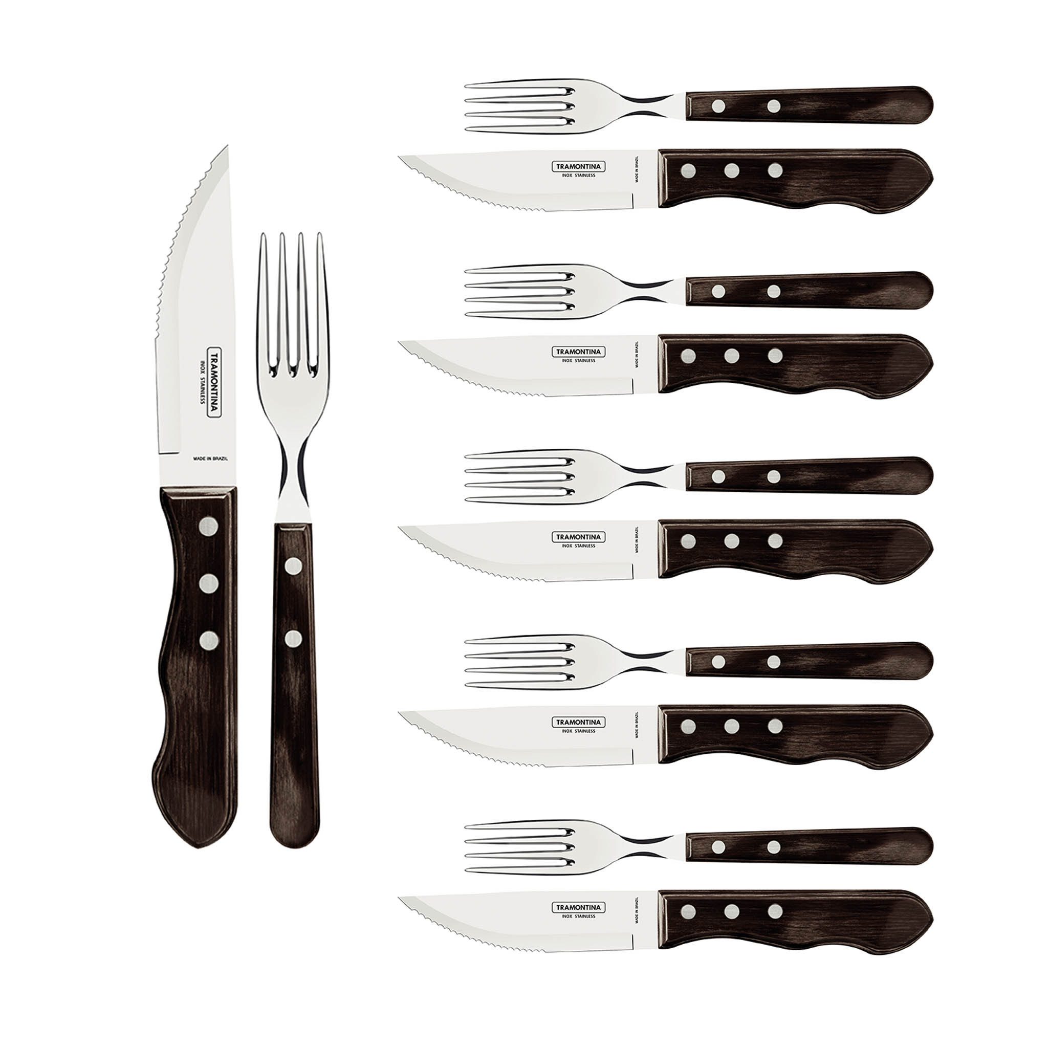 Tramontina Steakbesteck JUMBO 12-tlg. Set, rostfreier Edelstahl, scharfer Wellenschliff (12-tlg), 6 Personen, Edelstahl, für 6 Personen, FSC Echtholzgriff, spülmaschinenfest