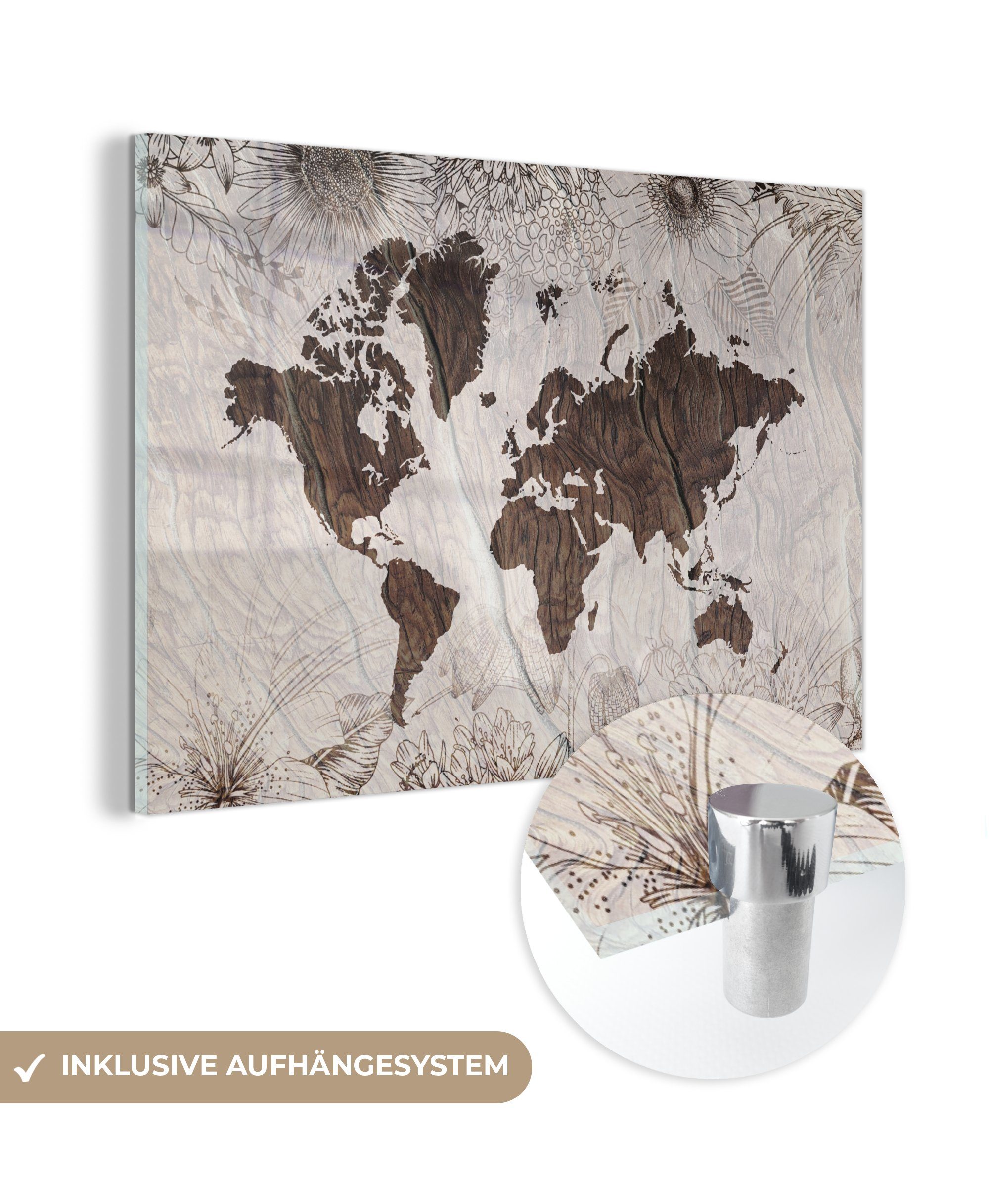 MuchoWow Acrylglasbild Weltkarte - Holz - Blumen, (1 St), Glasbilder - Bilder auf Glas Wandbild - Foto auf Glas - Wanddekoration