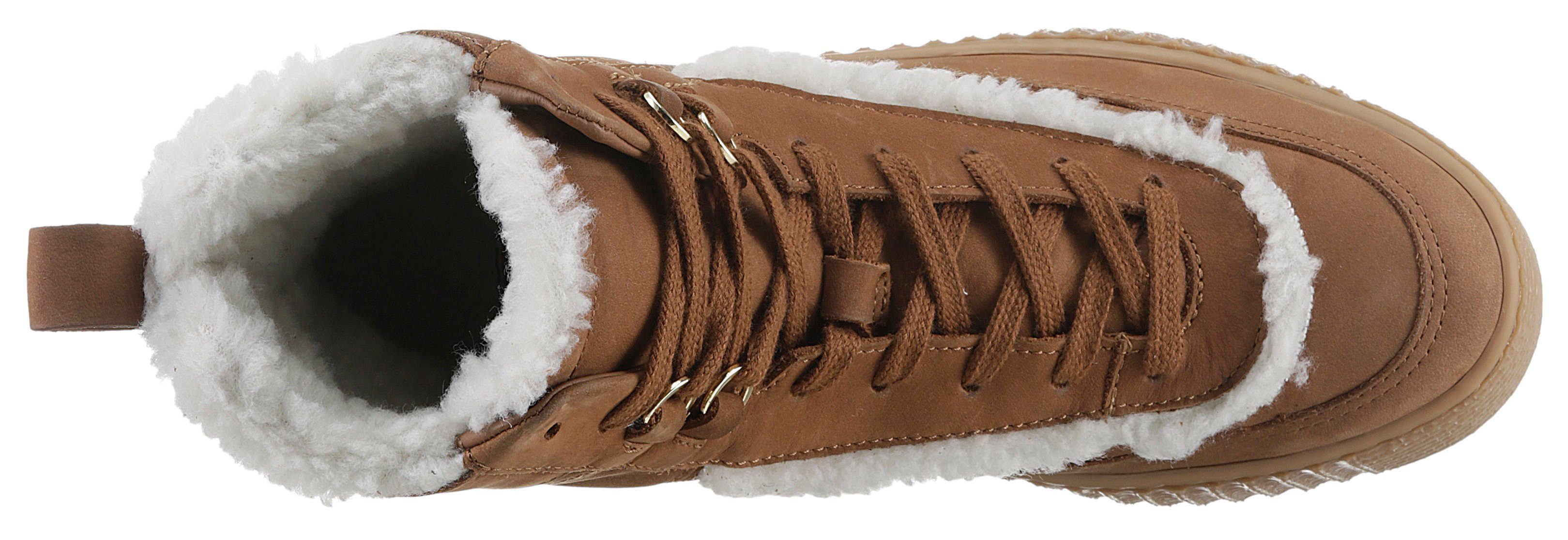 Winterboots Fellimitat-Besätzen Hilfiger WARMBOOTIE ESSENTIAL cognac UP mit Tommy LACE